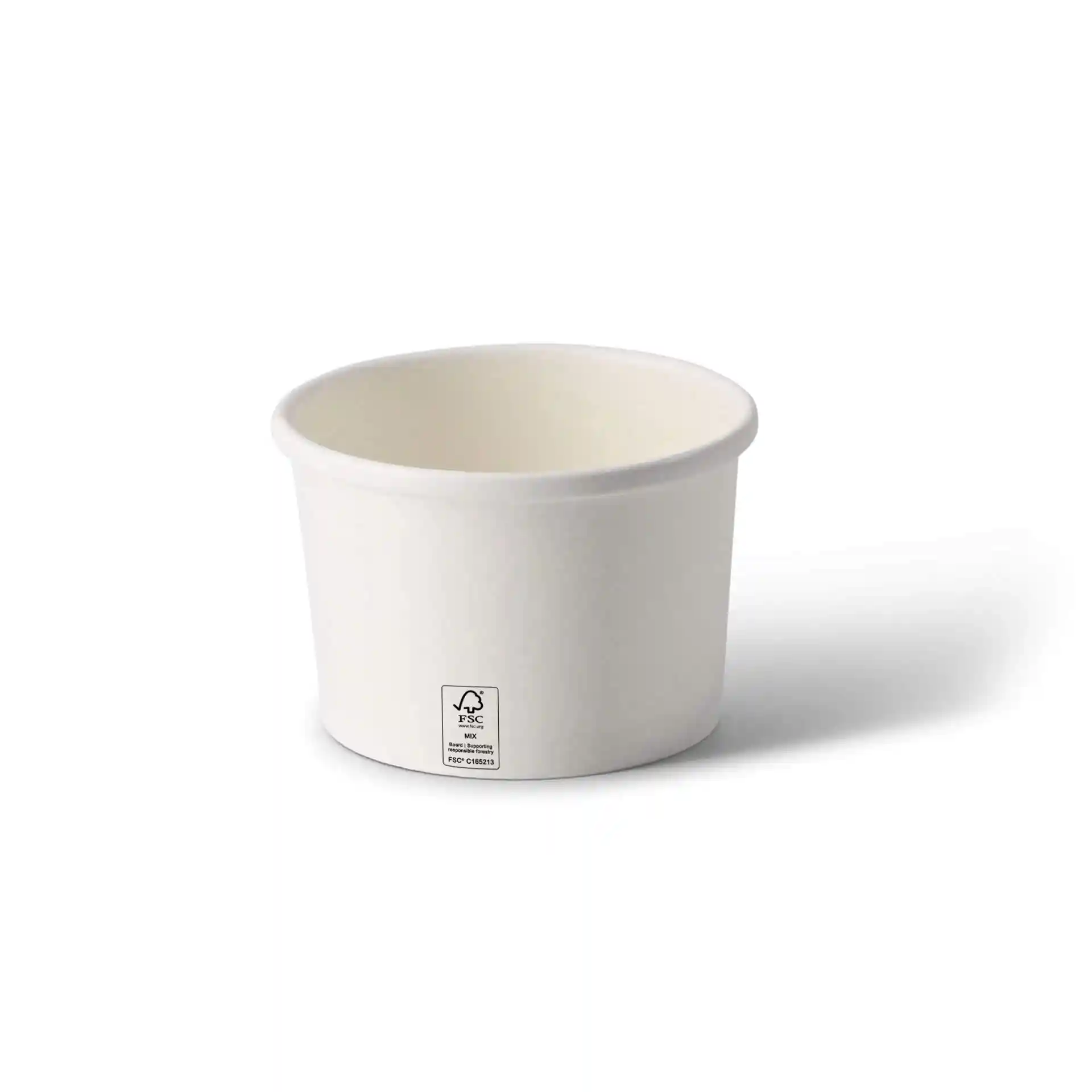 White paperboard soup container with a round shape, 8 oz capacity, and a visible label on the bottom.