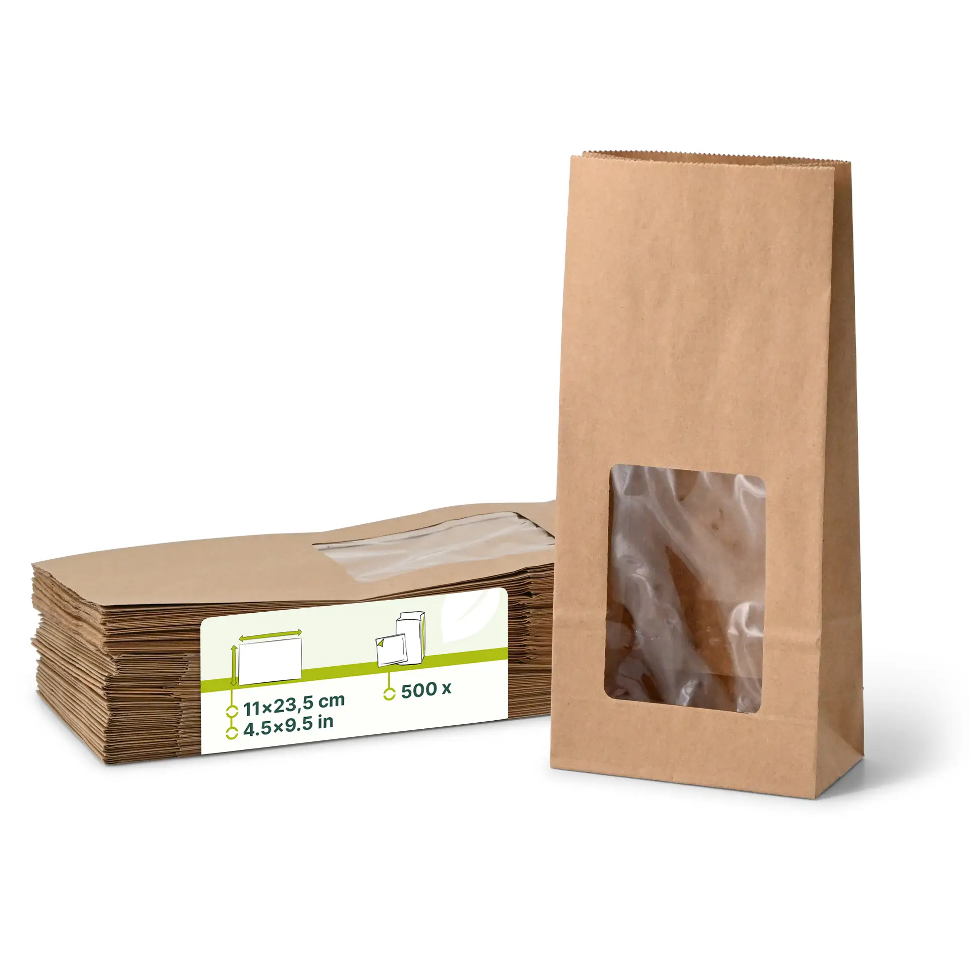 Block bottom-bags with PLA-window M, 11 x 6 x 23,5 cm, brown, kraft paper Block bottom-bags with PLA-window M, 11 x 6 x 23,5 cm, brown, kraft paper