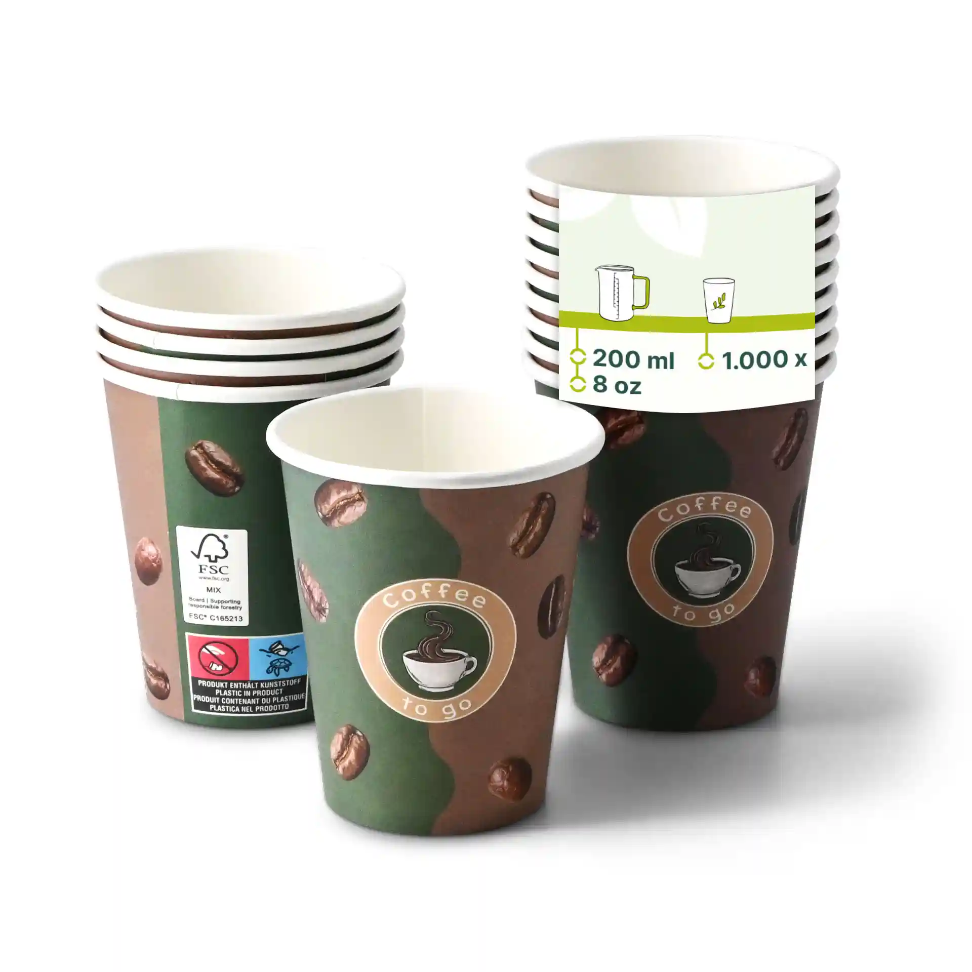 Round paper cup with printed coffee design, 8 oz capacity, stacked with several similar cups behind.