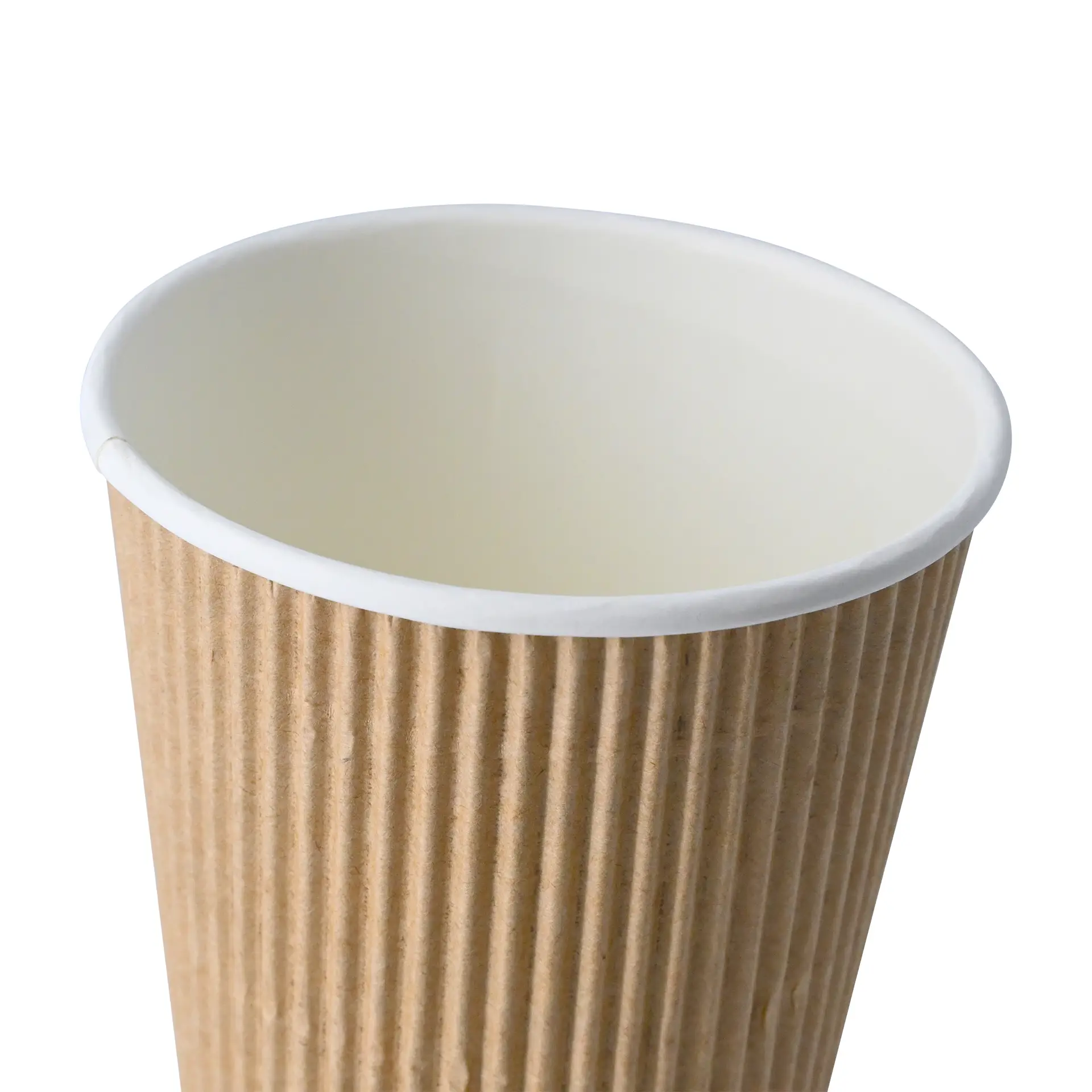 One 12 oz ribbed coffee cup with a brown outer layer and white inner lining, designed for hot beverages.
