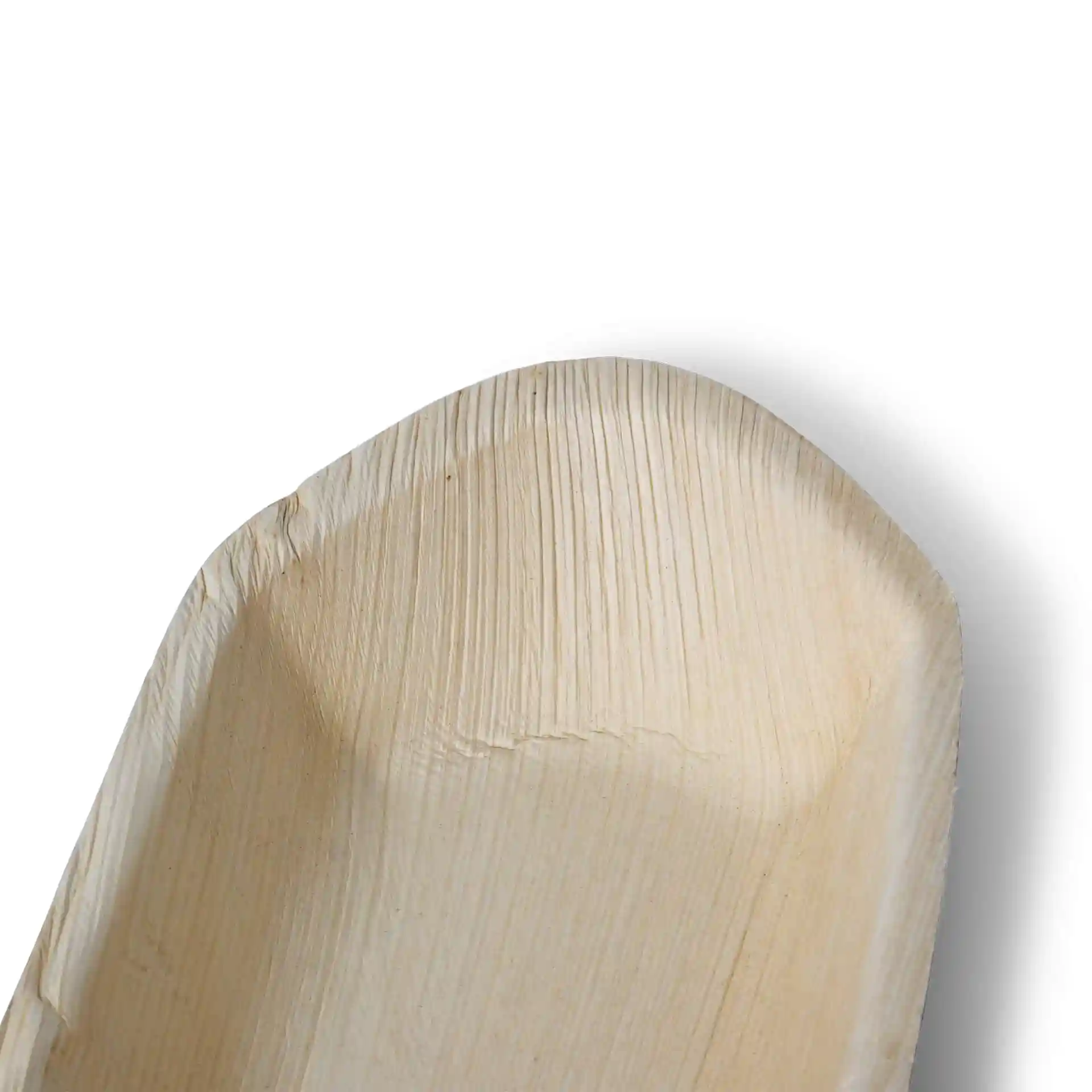 Deep palm leaf boat with a grain texture, measuring 20 cm in length and 11.8 cm in width.