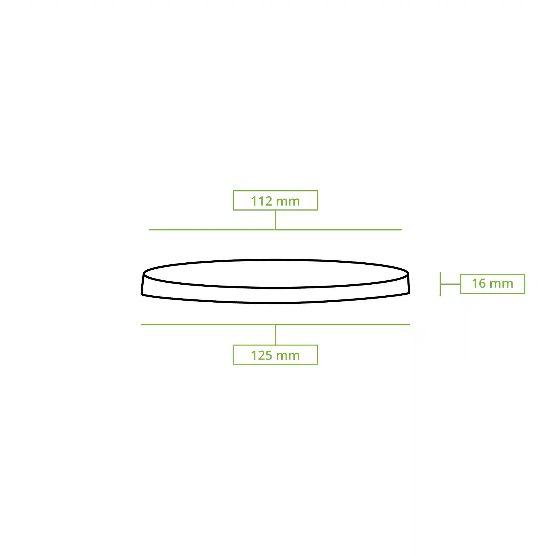 Schematic drawing of a round lid with dimensions: top diameter 112 mm, bottom diameter 125 mm, height 16 mm.