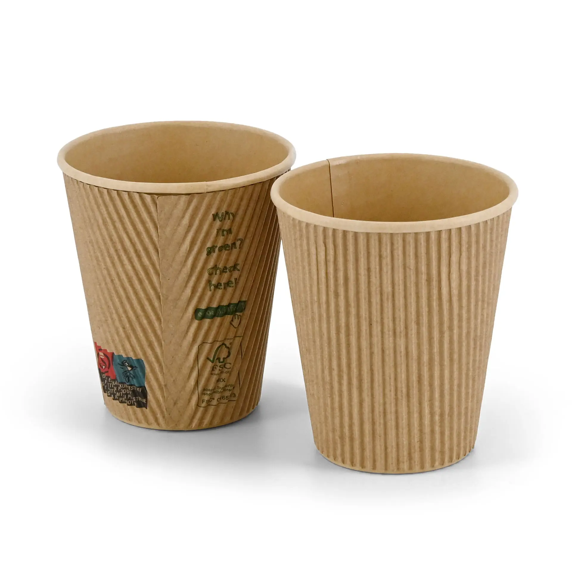 Brown, triple-walled disposable coffee cups with ribbed surface, suitable for hot drinks, featuring PLA inner coating.