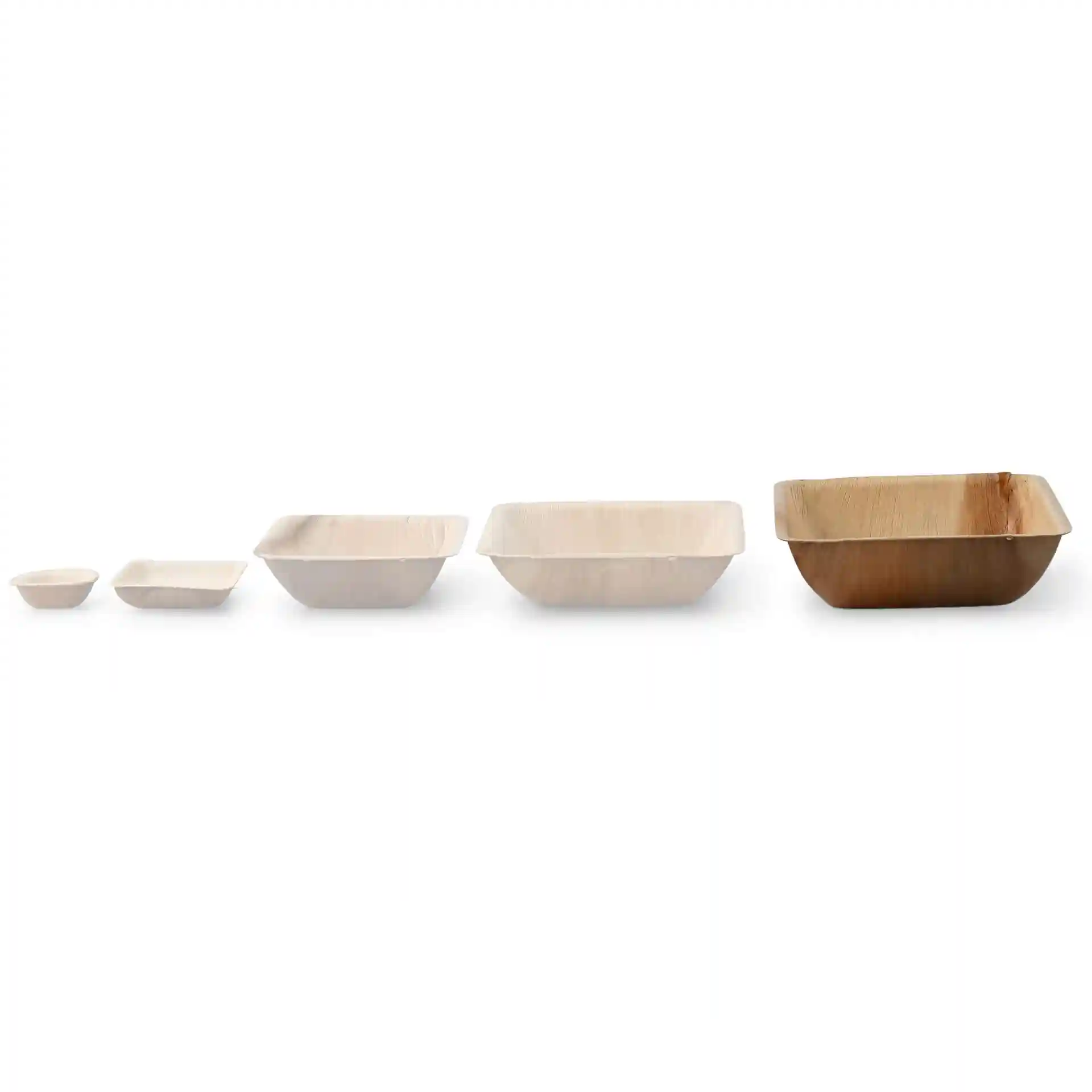 Set of five square palm leaf bowls in varying sizes, displayed from smallest to largest.