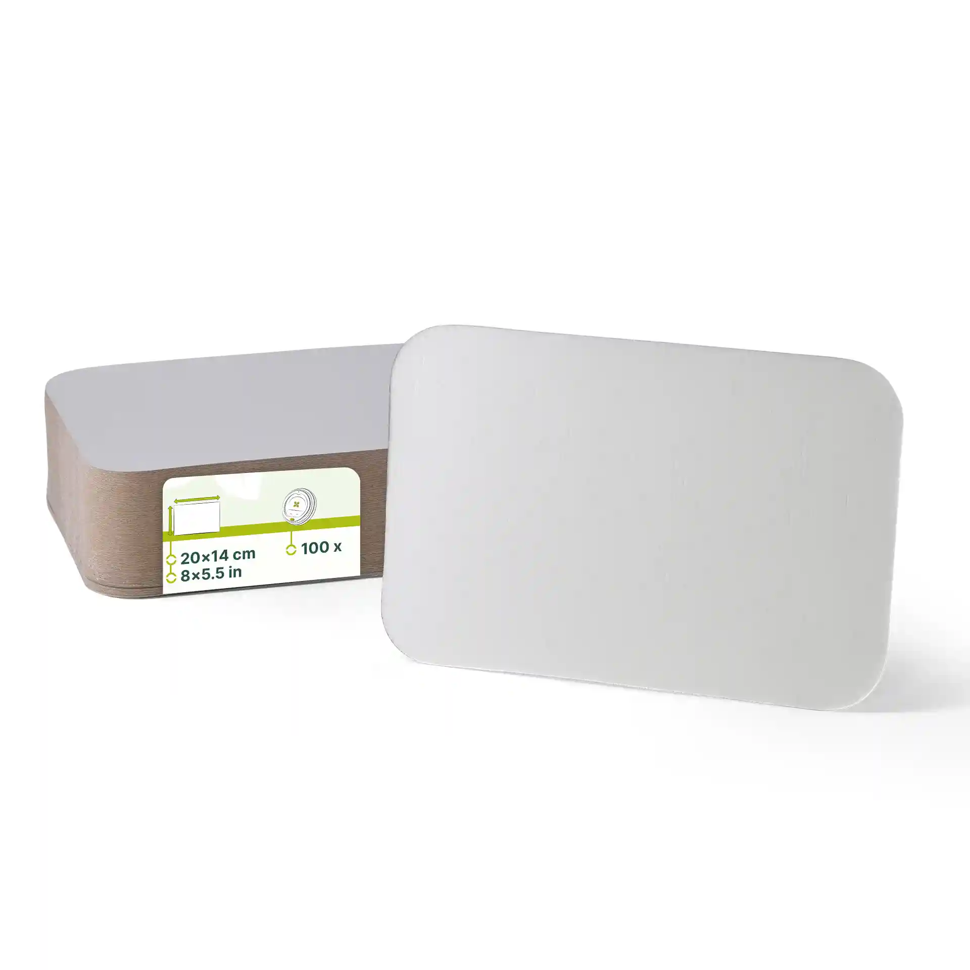 Rectangular aluminium cardboard lid for 845 ml container, measuring 20 x 14 cm, with a visible label.