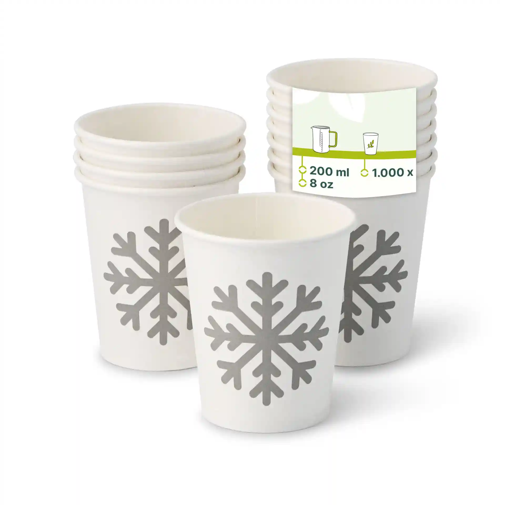 White paper cups with snowflake design, stacked with a label showing 200 ml capacity and 8 oz size.