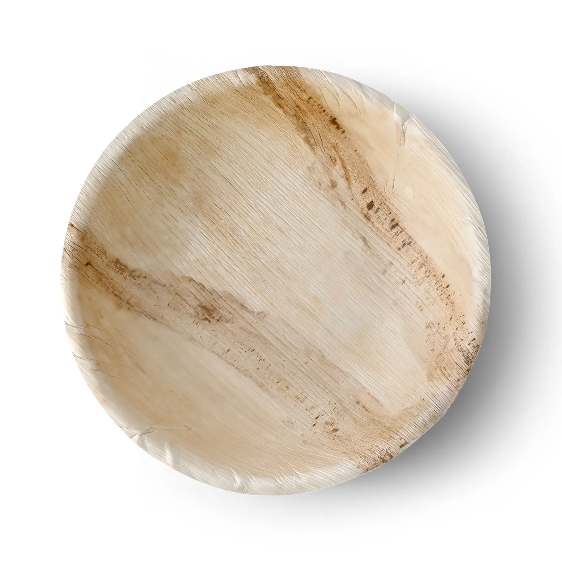 Round palm leaf bowl, 30 cm diameter, suitable for hot and cold foods, biodegradable, with unique grain pattern.