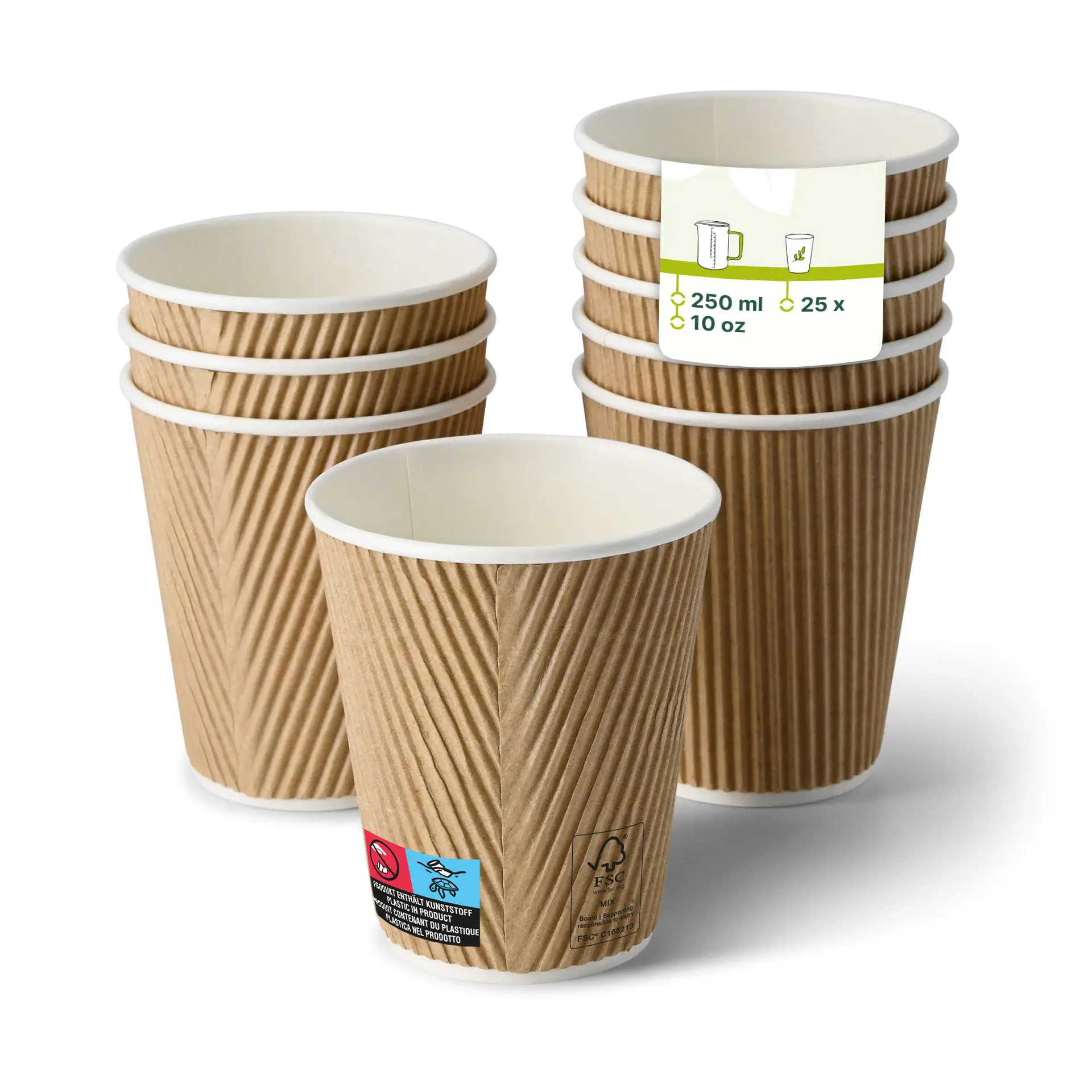 Brown ripple coffee cups stacked, with one cup in front showing a white interior and a label with markings.