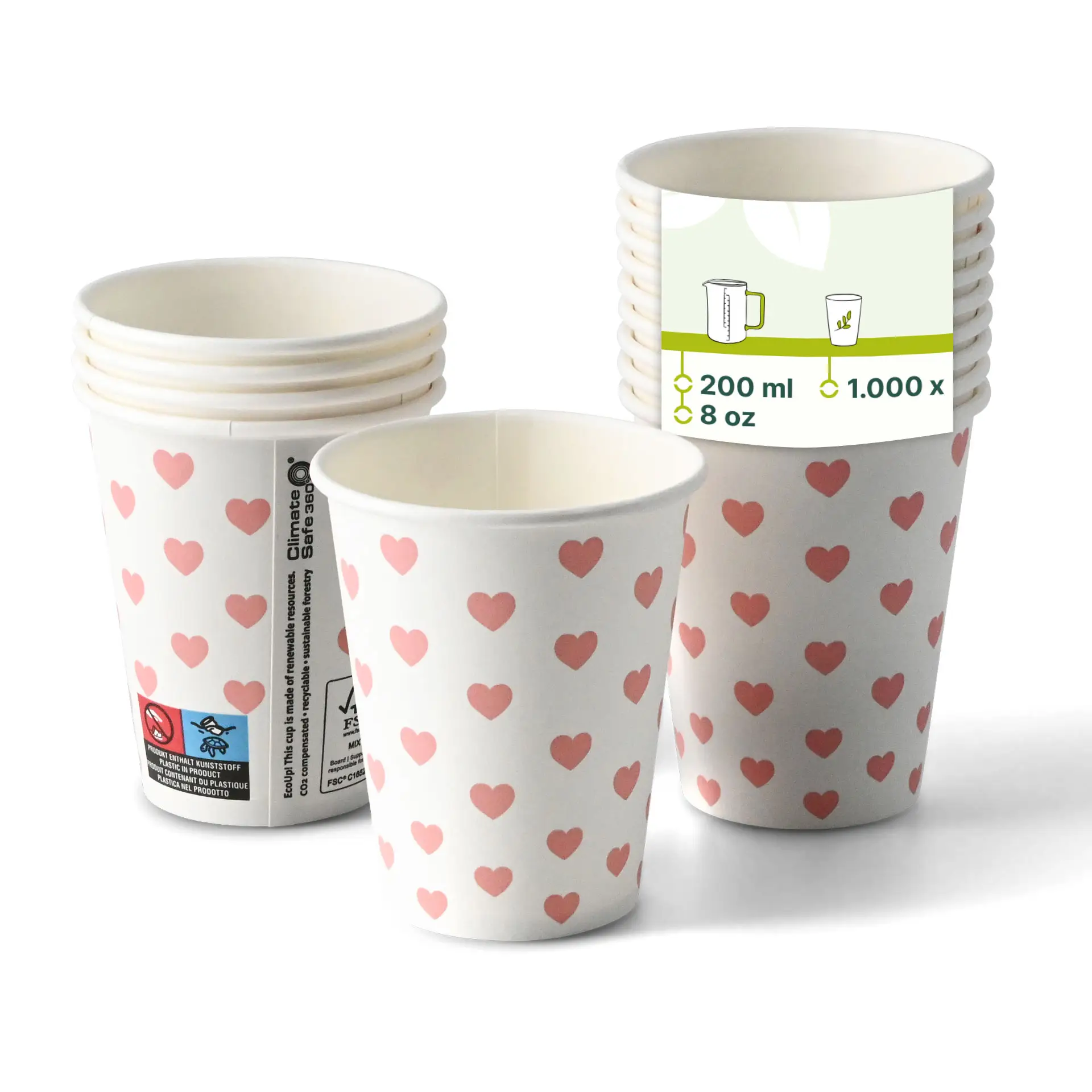 8 oz Paper cup printed with "Hearts" (coated), Ø 80 mm, white con10032-01-0-pappbecher-bedruckt-hearts-beschichtet-200-ml-8-oz-80-mm-weiss