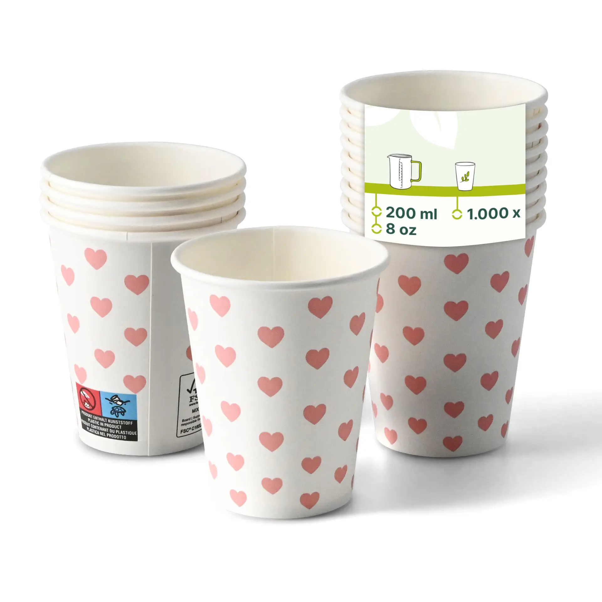 One white paper cup with a hearts print in focus; multiple similar cups shown with reduced opacity behind it.