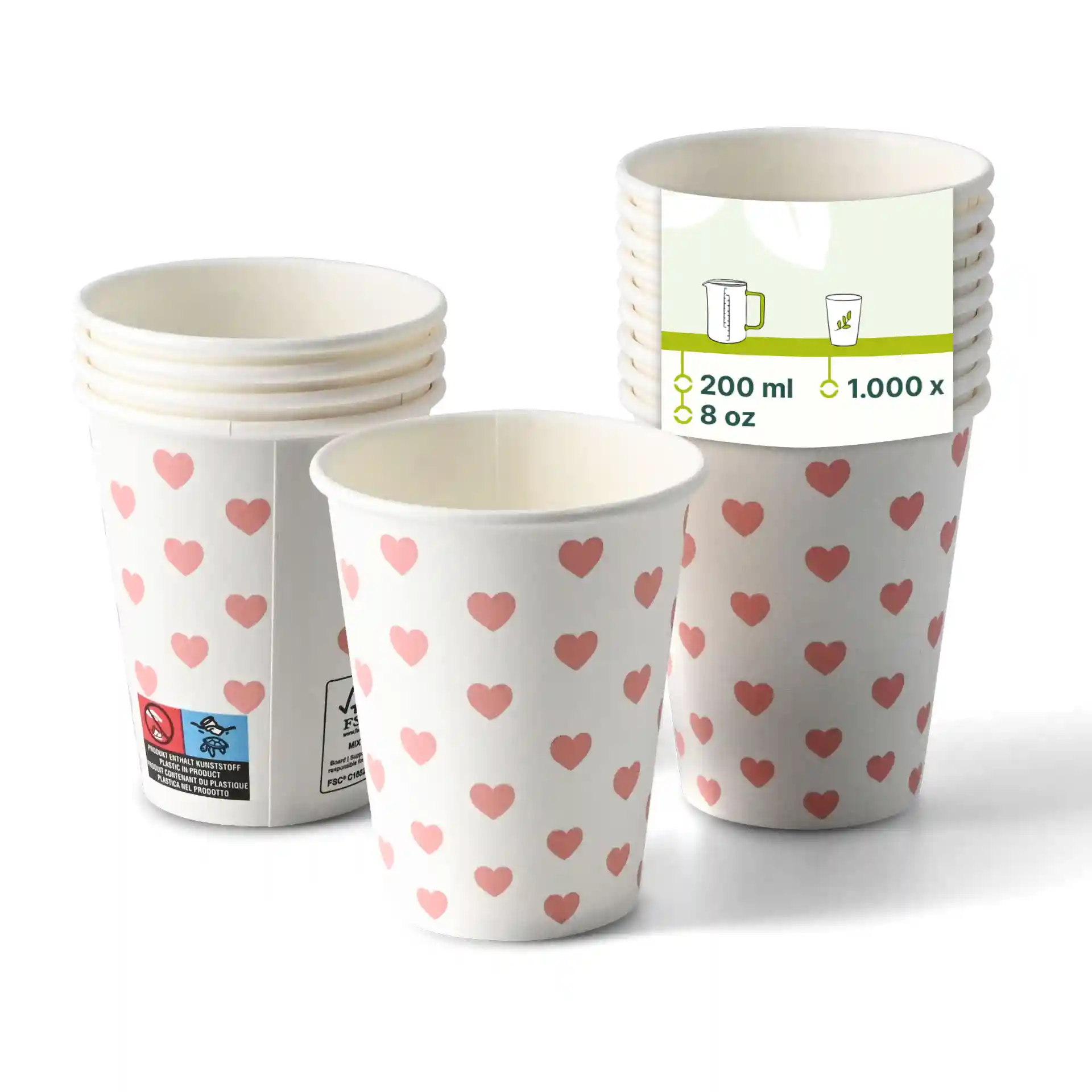 Round paper cups with a white background and pink heart prints, stacked with one cup in front.