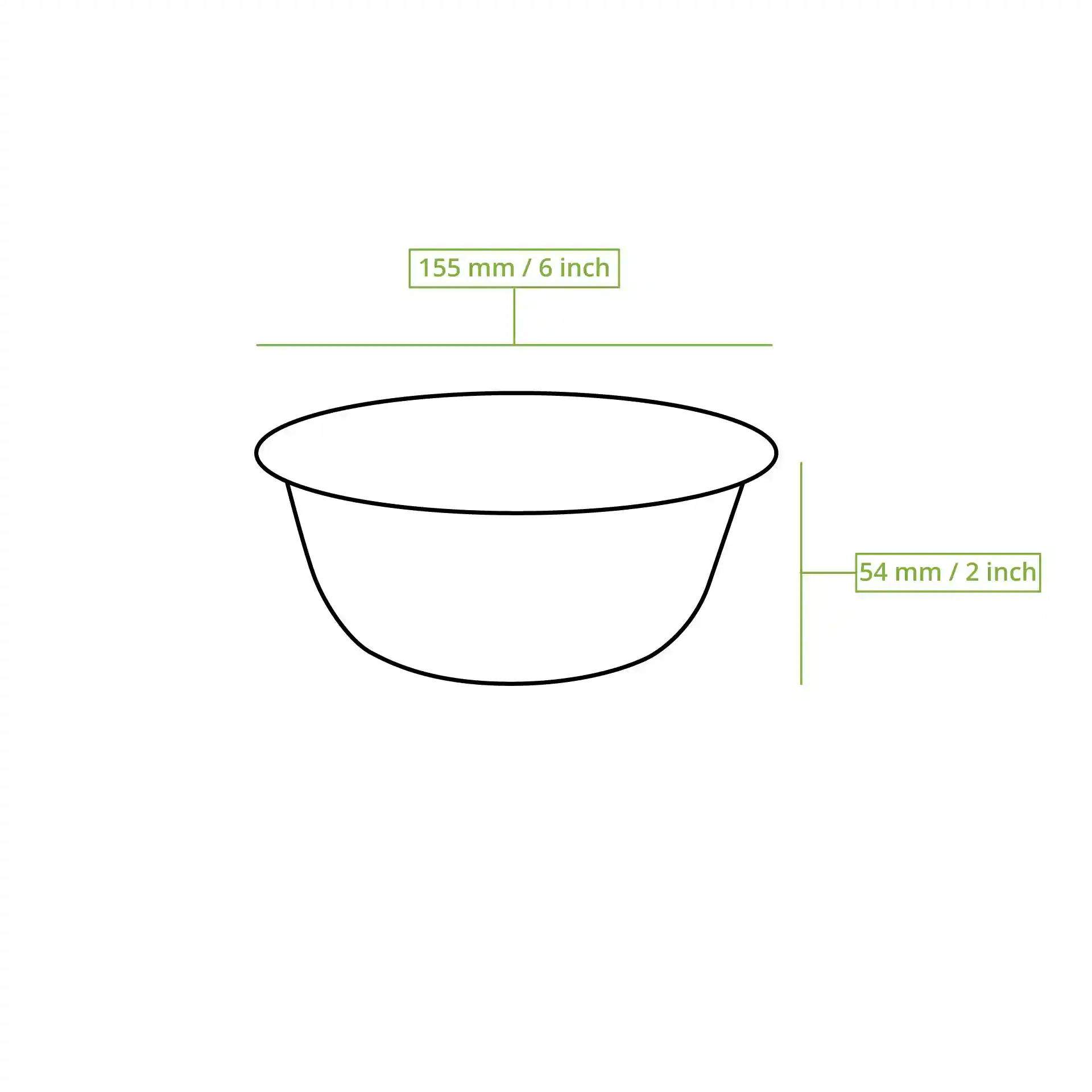 Schematic drawing of a round sugarcane bowl with dimensions of 155 mm diameter and 54 mm height.
