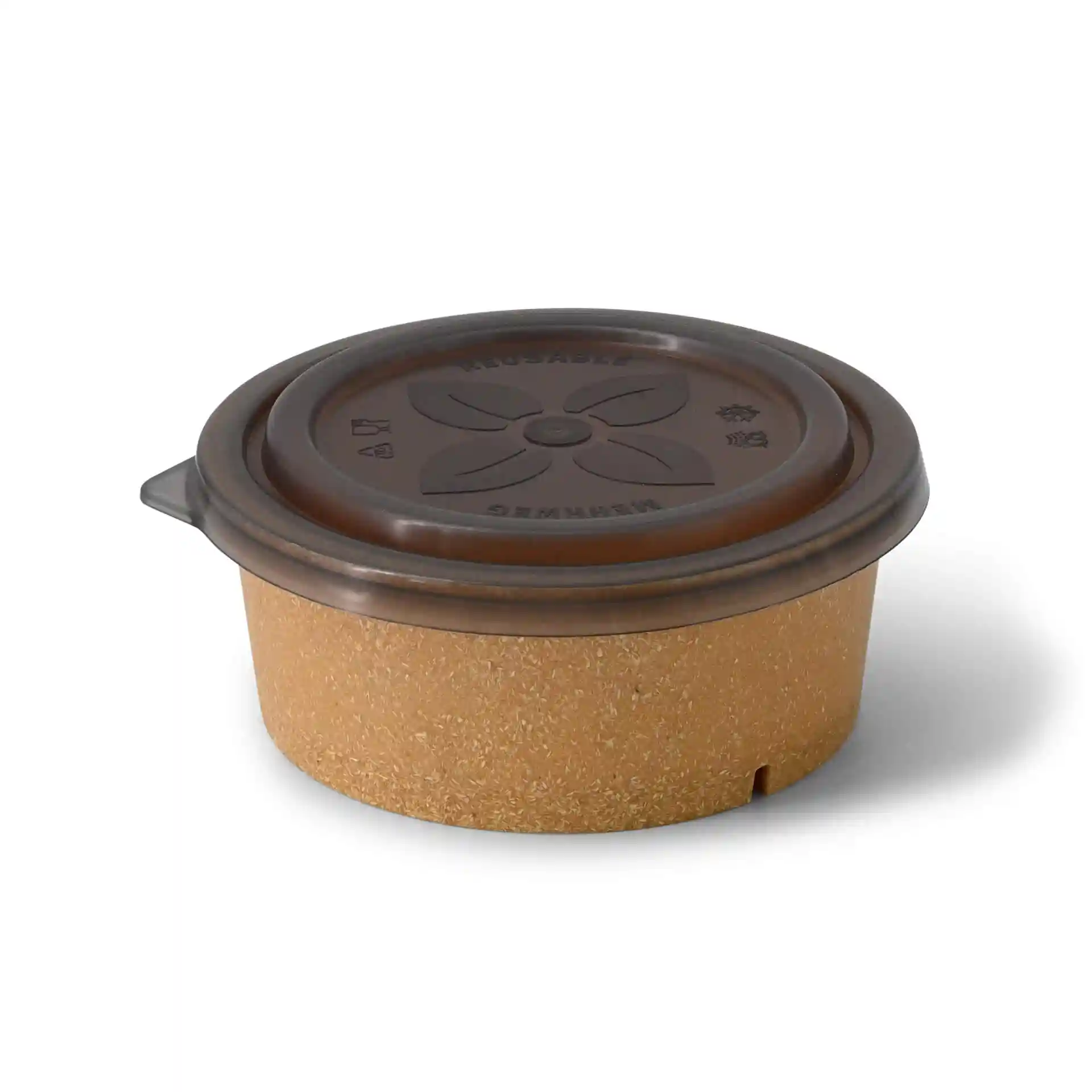 Round bowl with a brown textured exterior and a dark brown lid featuring a floral design.