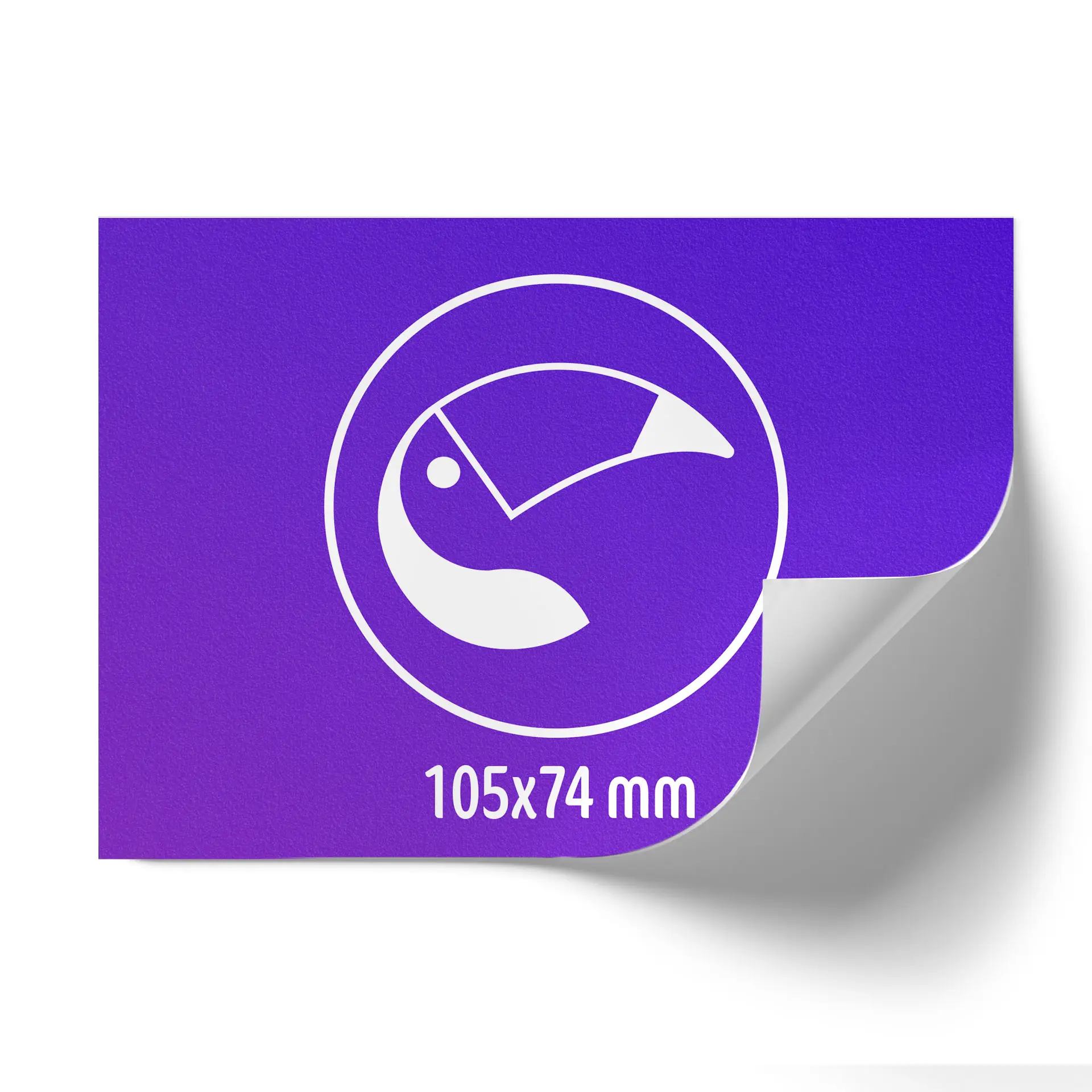 A purple sticker with a white circular graphic and rounded corner, measuring 105x74 mm.