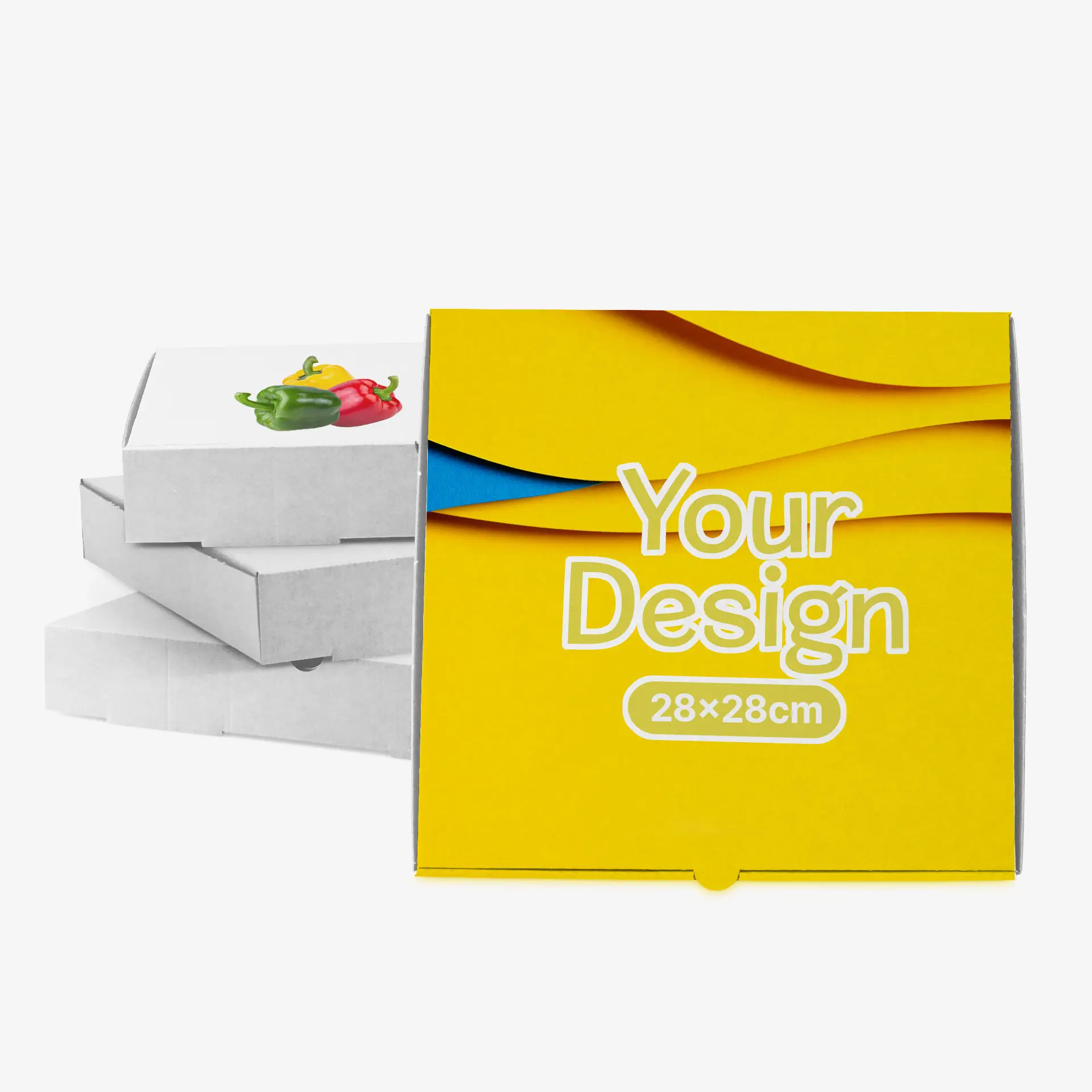Yellow pizza box with a design area, measuring 28 x 28 cm, next to several white boxes with colorful pepper graphics.