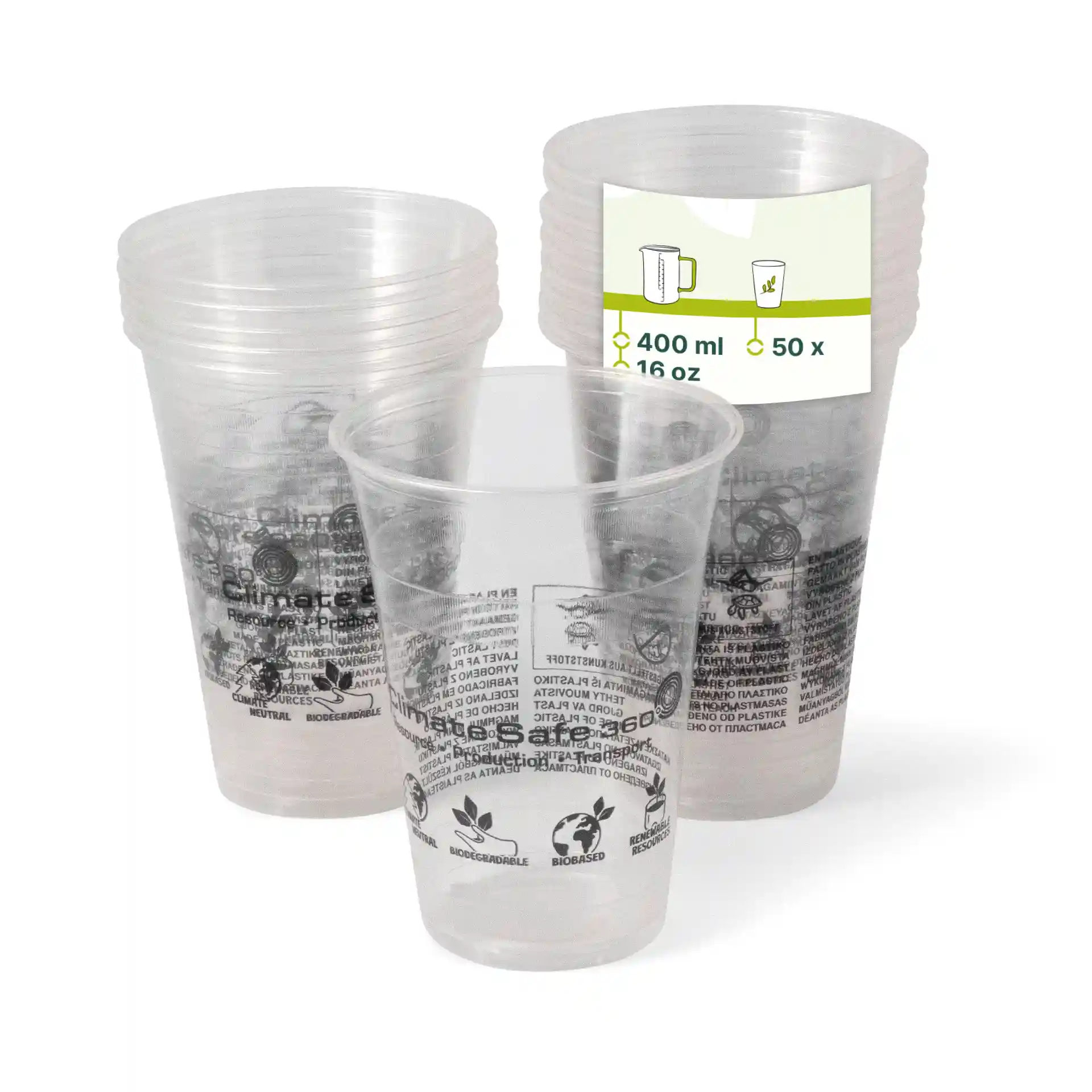 Transparent 16 oz PLA smoothie cups stacked, with one cup in front displaying a label with markings.