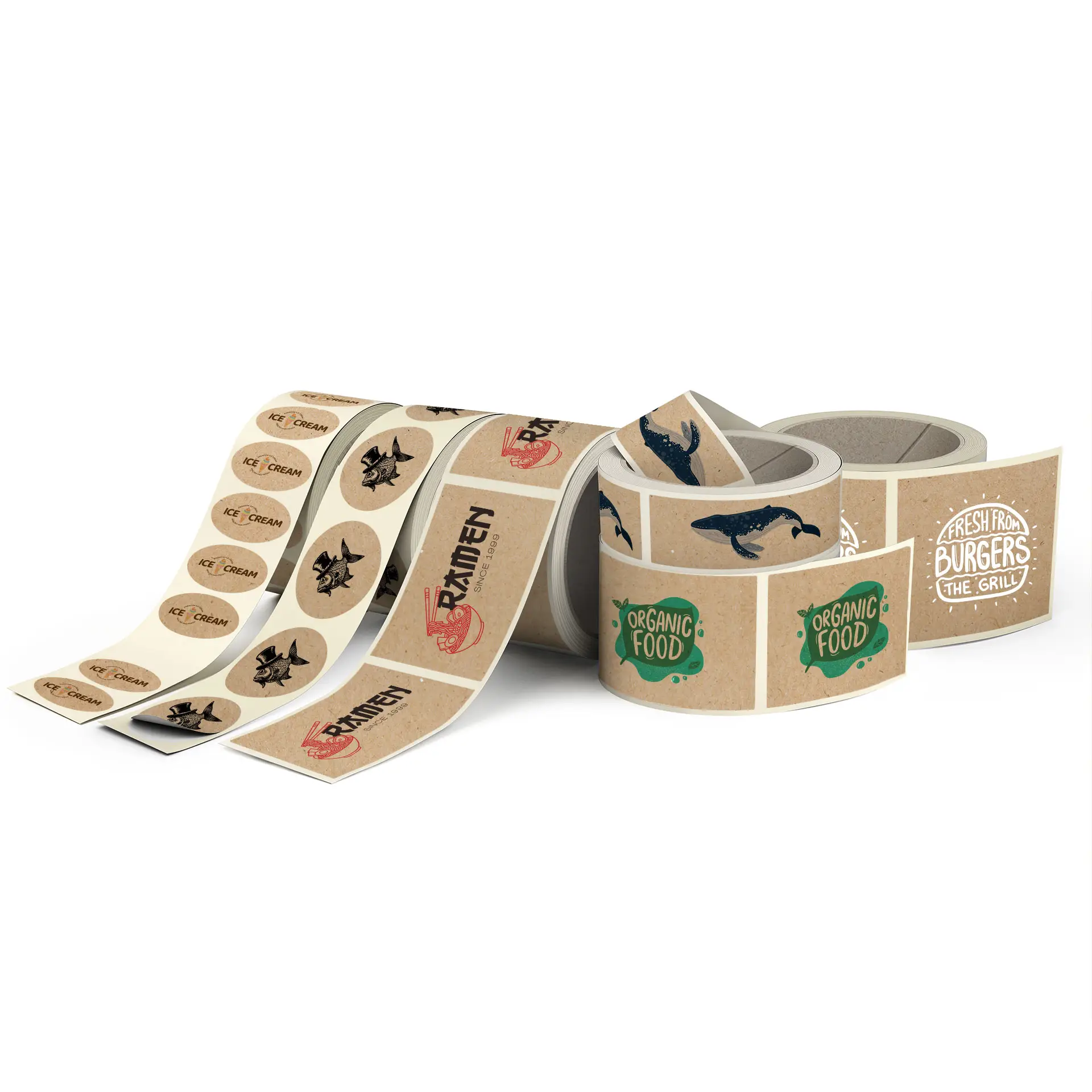 Custom printed label roll on brown kraft paper featuring various designs including food-related themes.