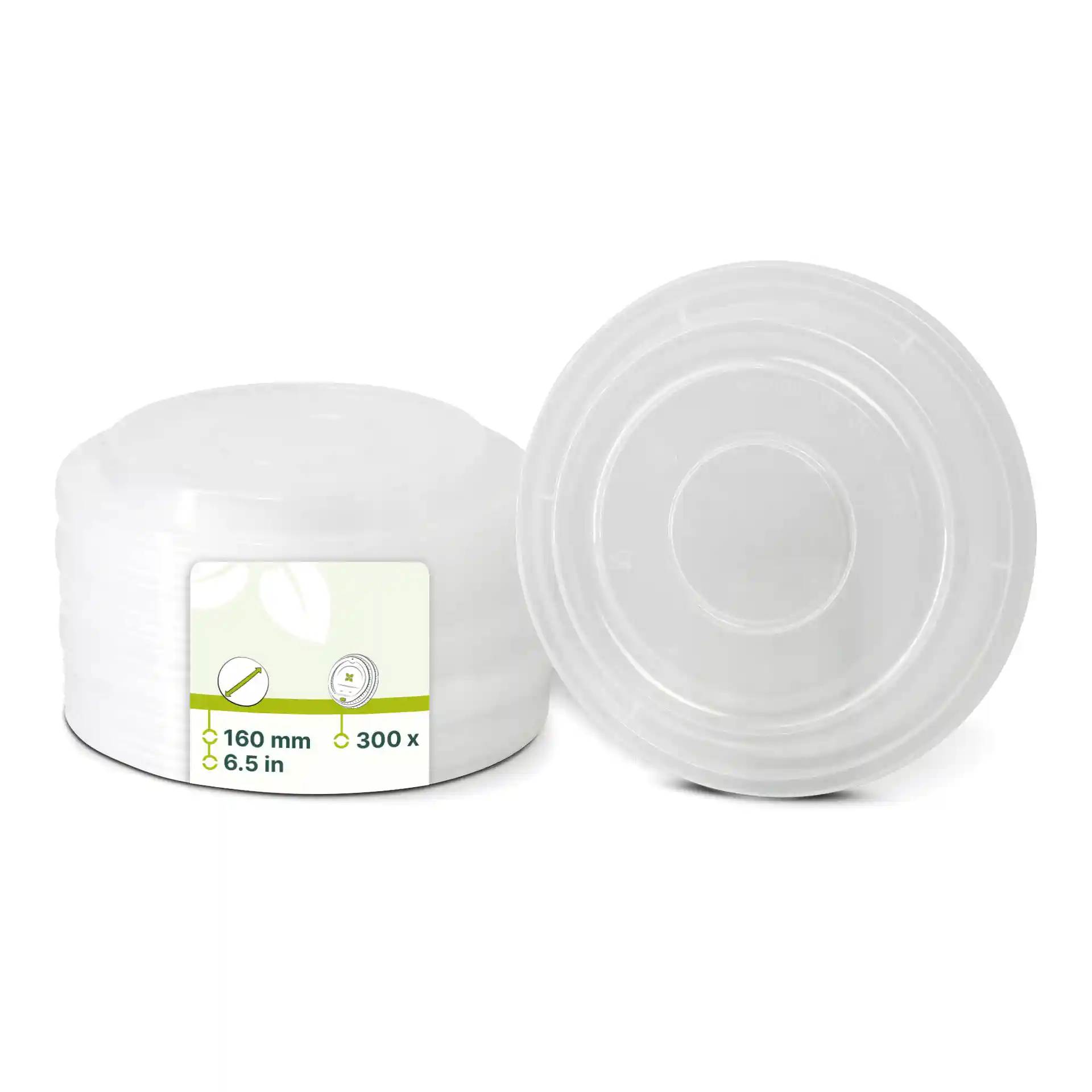 Transparent round reusable lids made of polypropylene, stacked with a label showing dimensions and quantity.