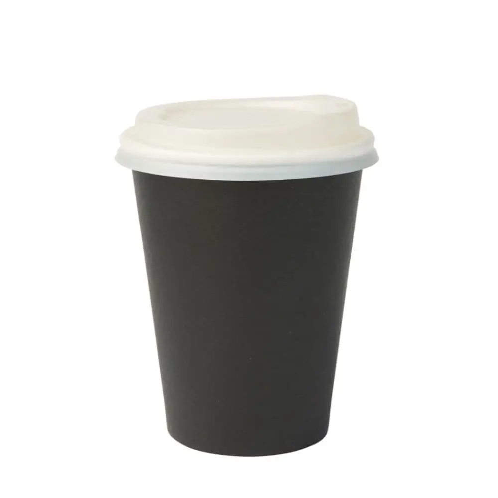 Black single-wall paper cup, 300 ml, with PLA coating and white lid, suitable for hot and cold drinks.