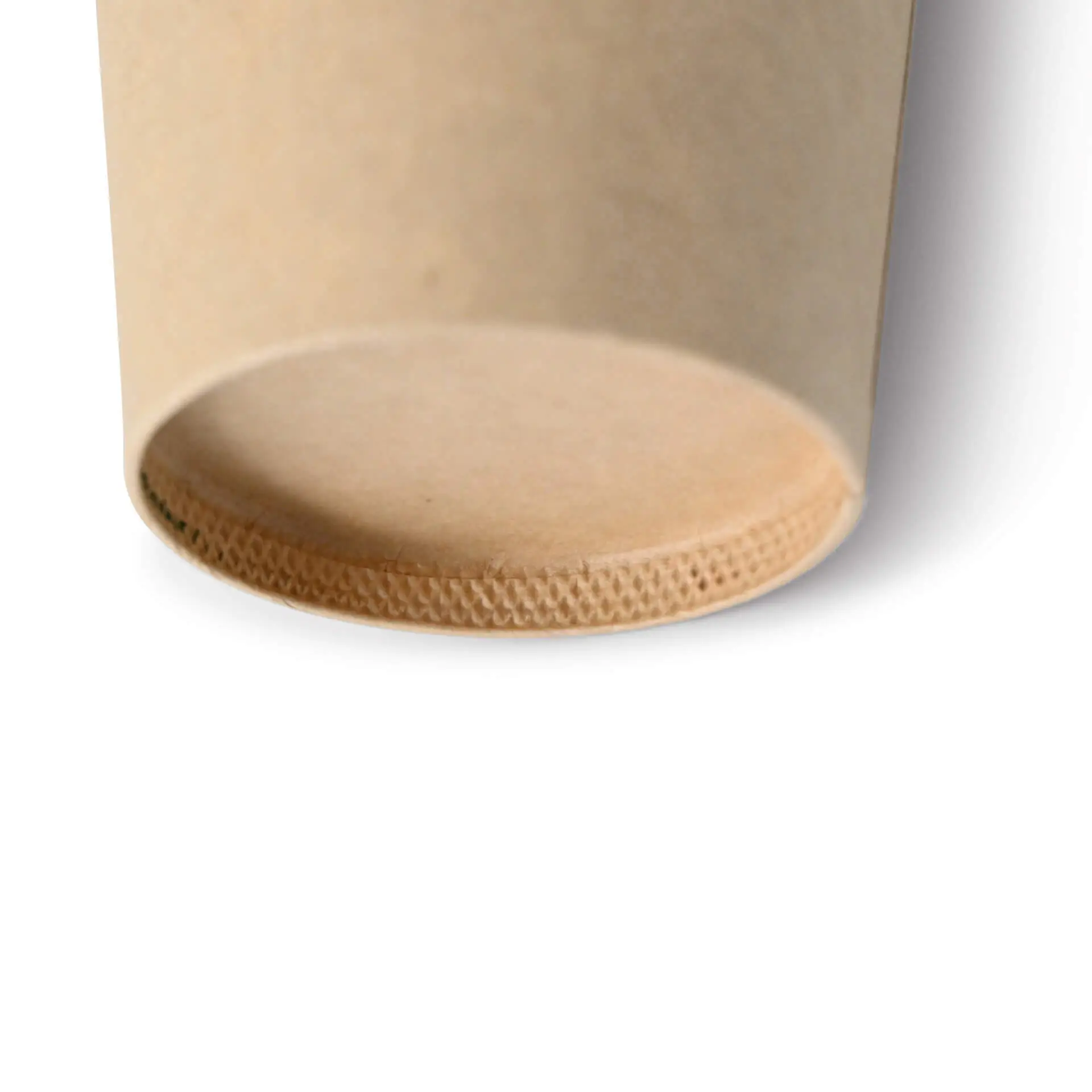 Close-up of the bottom of a brown 10 oz paper cup with a textured rim and smooth surface.