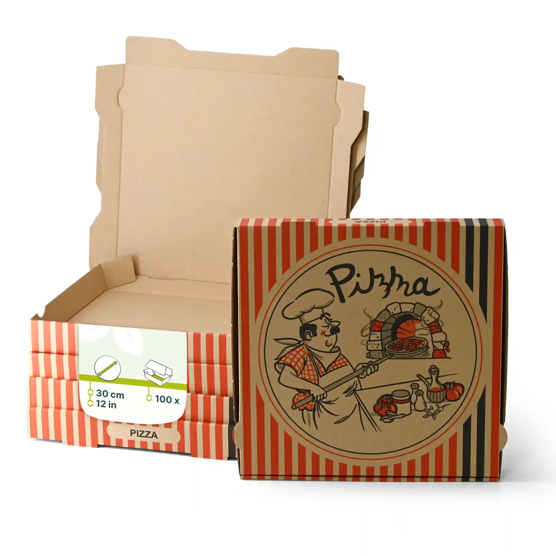 Pizza box with a pizza chef design, measuring 30 x 30 x 4 cm, with several plain boxes stacked behind it.