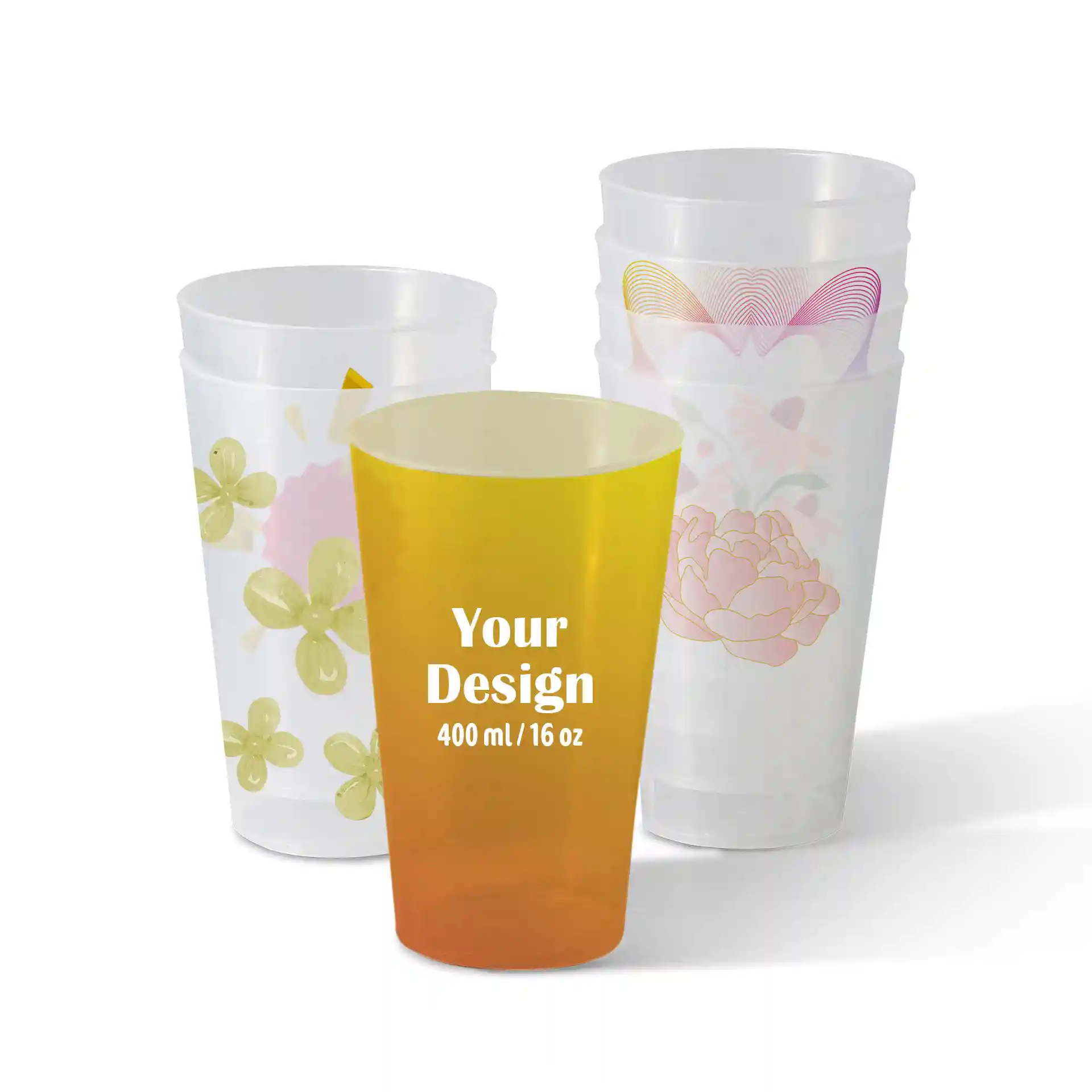 Clear reusable cup with floral designs, one yellow cup in front, showing a volume of 400 ml and a round shape.