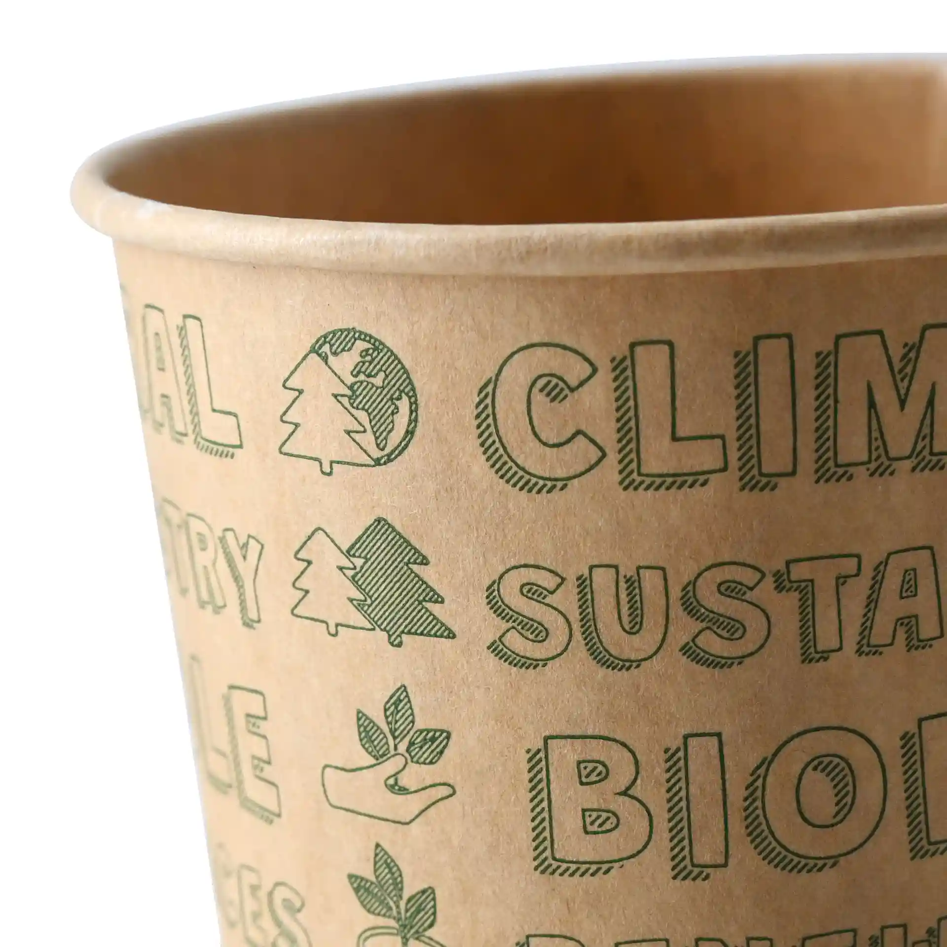 Round paper ice cream container with printed green designs on unbleached cardboard, showing various symbols and text.