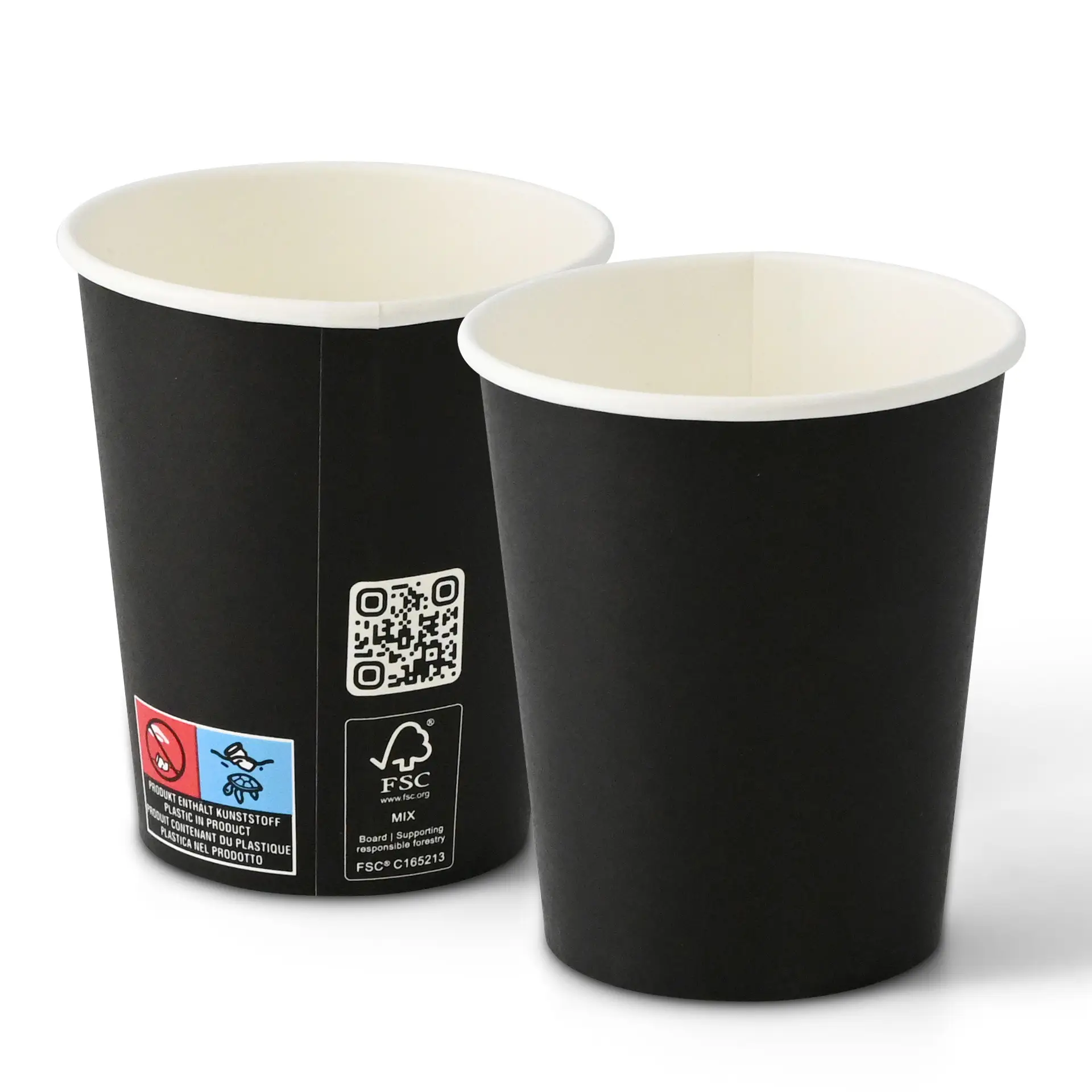 One black single-wall paper cup with a PLA coating; another similar cup in the background. Features a label with markings.