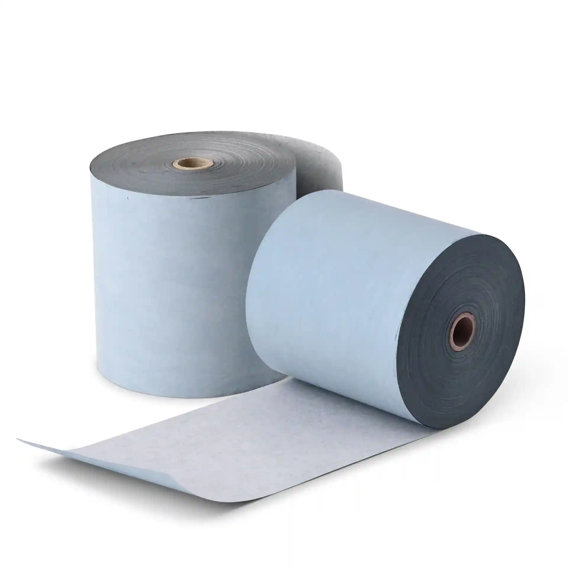 Two rolls of grey thermal paper, each with a diameter of 80 mm, one partially unrolled.
