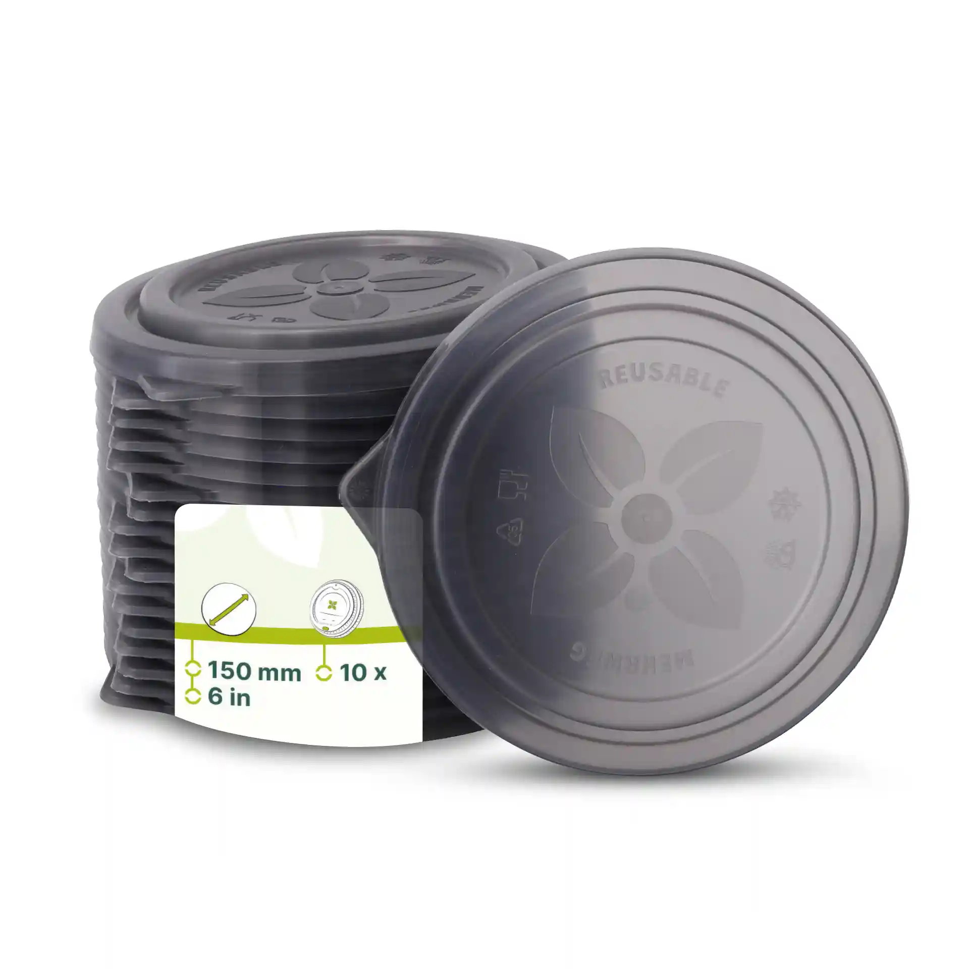 Stack of grey reusable lids for bowls, each 150 mm in diameter, with a label showing product details.