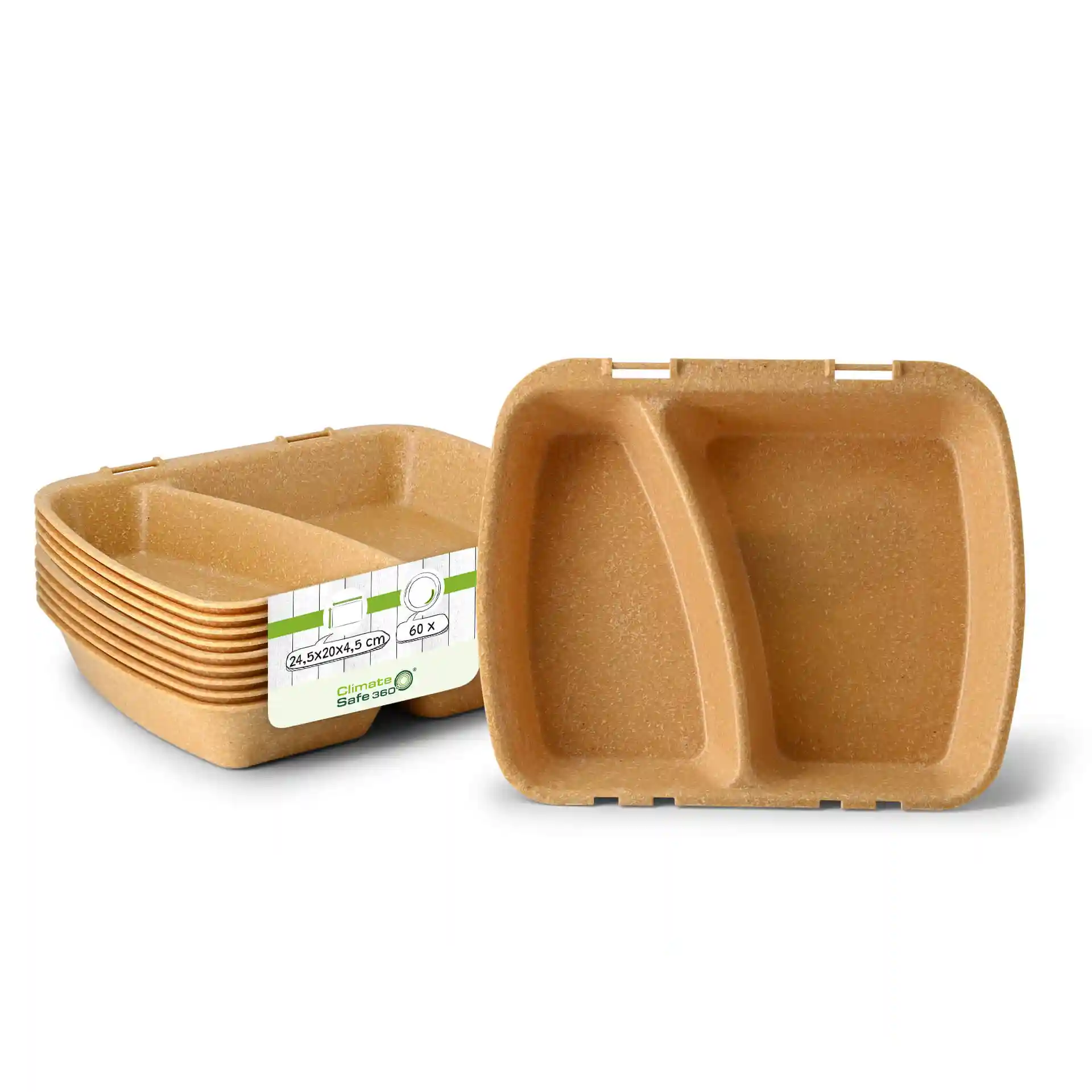Brown reusable meal container with two compartments, dimensions 24.5 x 20 x 4.5 cm, shown with a label.