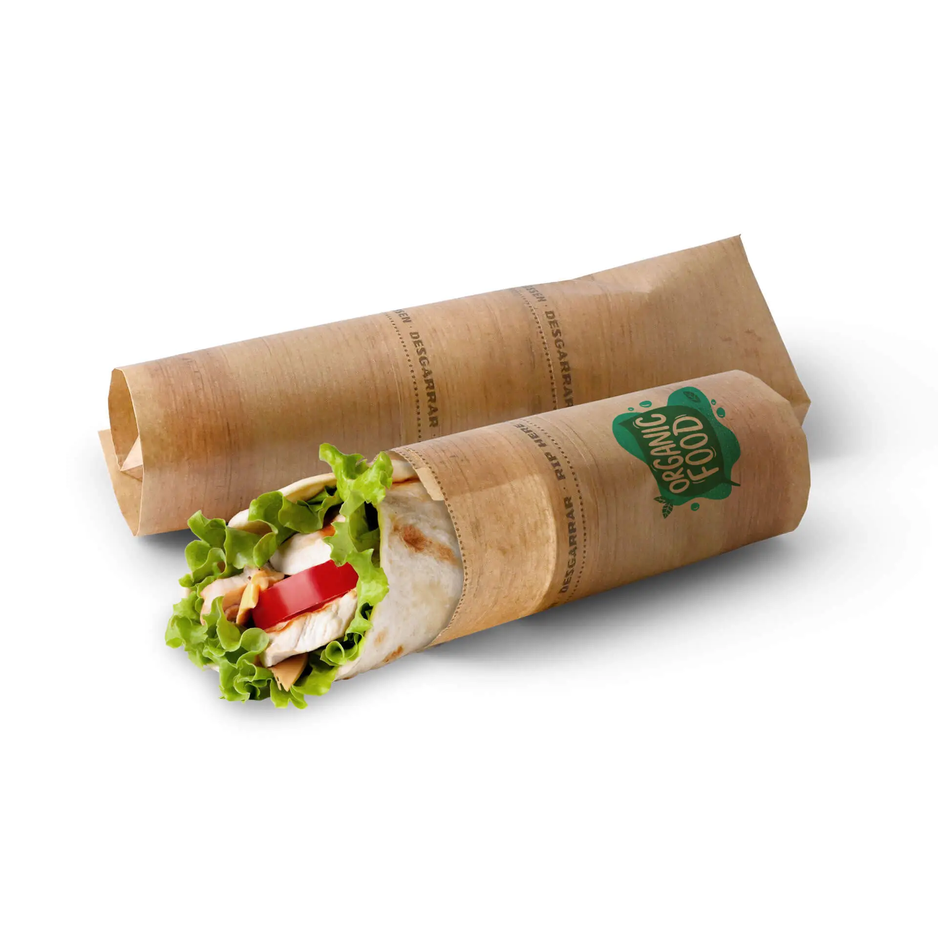 One printed wrap bag with adhesive closure, containing a wrap filled with lettuce, tomato, and chicken; another similar bag in the background.