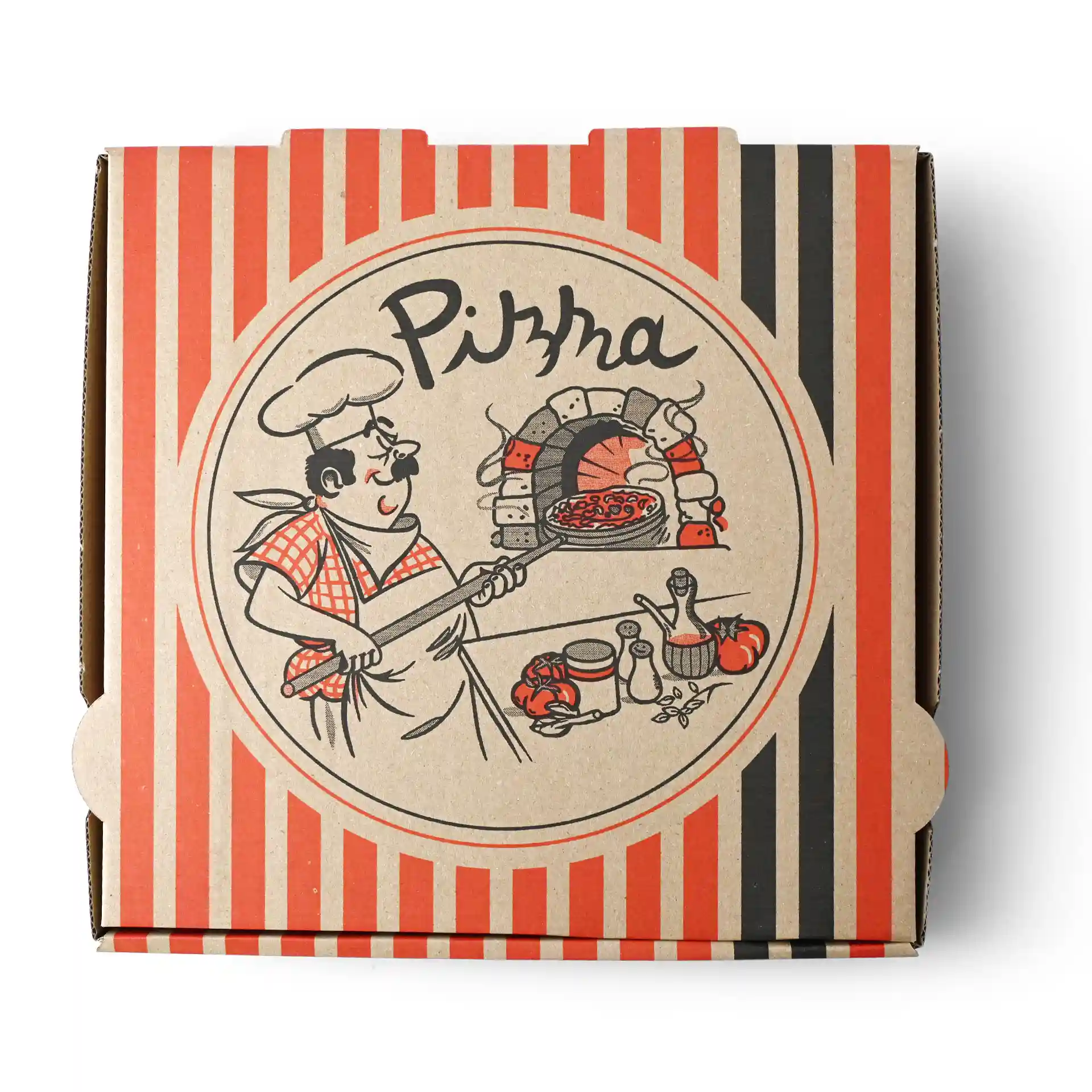 Pizza box with a pizza chef design, brown cardboard, dimensions 26 x 26 x 4 cm.