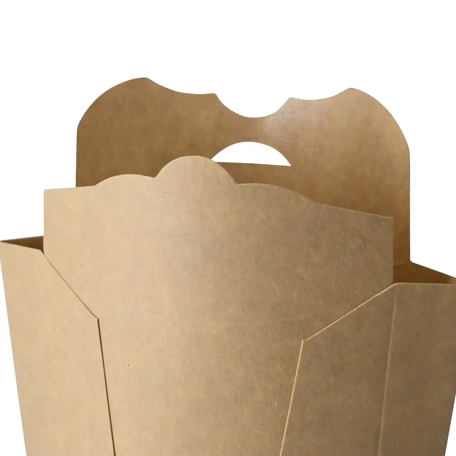 Brown cardboard chip scoop with a scalloped top and a handle opening.