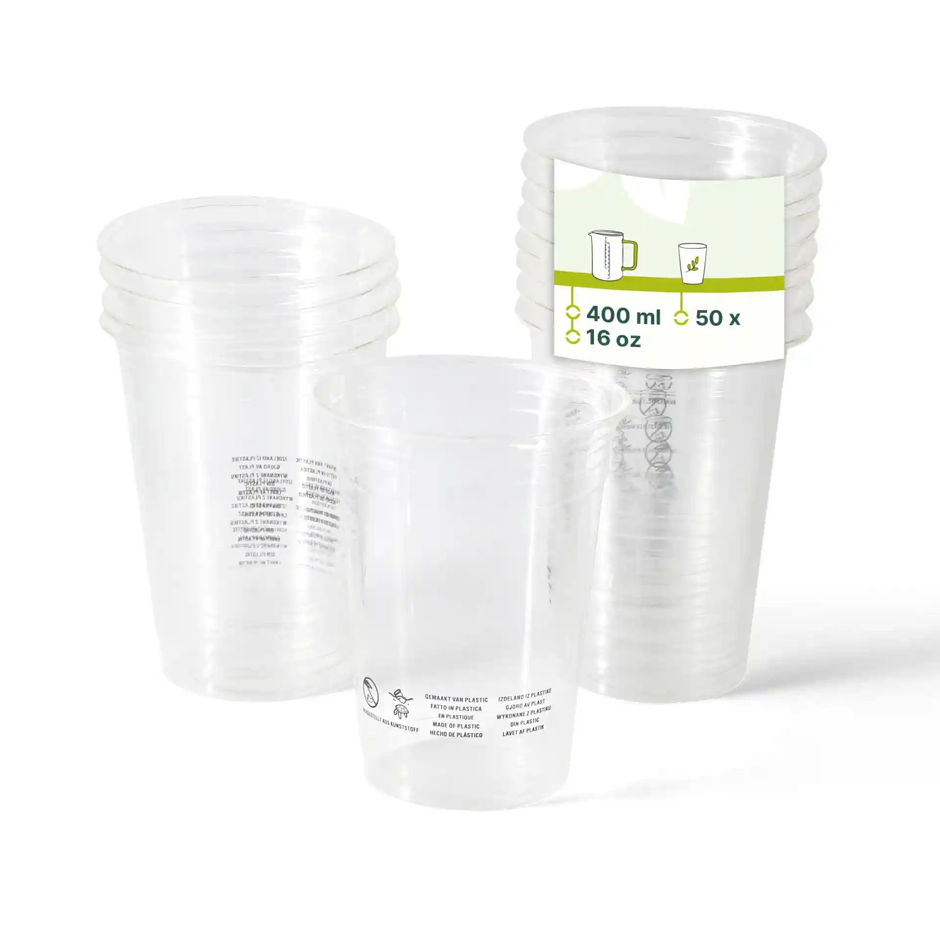 Clear PLA plastic cups stacked, with a label showing 400 ml capacity and 50 count.