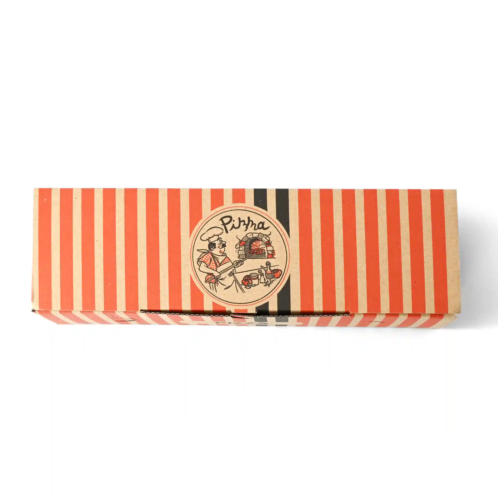 Pizza box with red and black striped design, featuring a pizza chef illustration and a circular logo.
