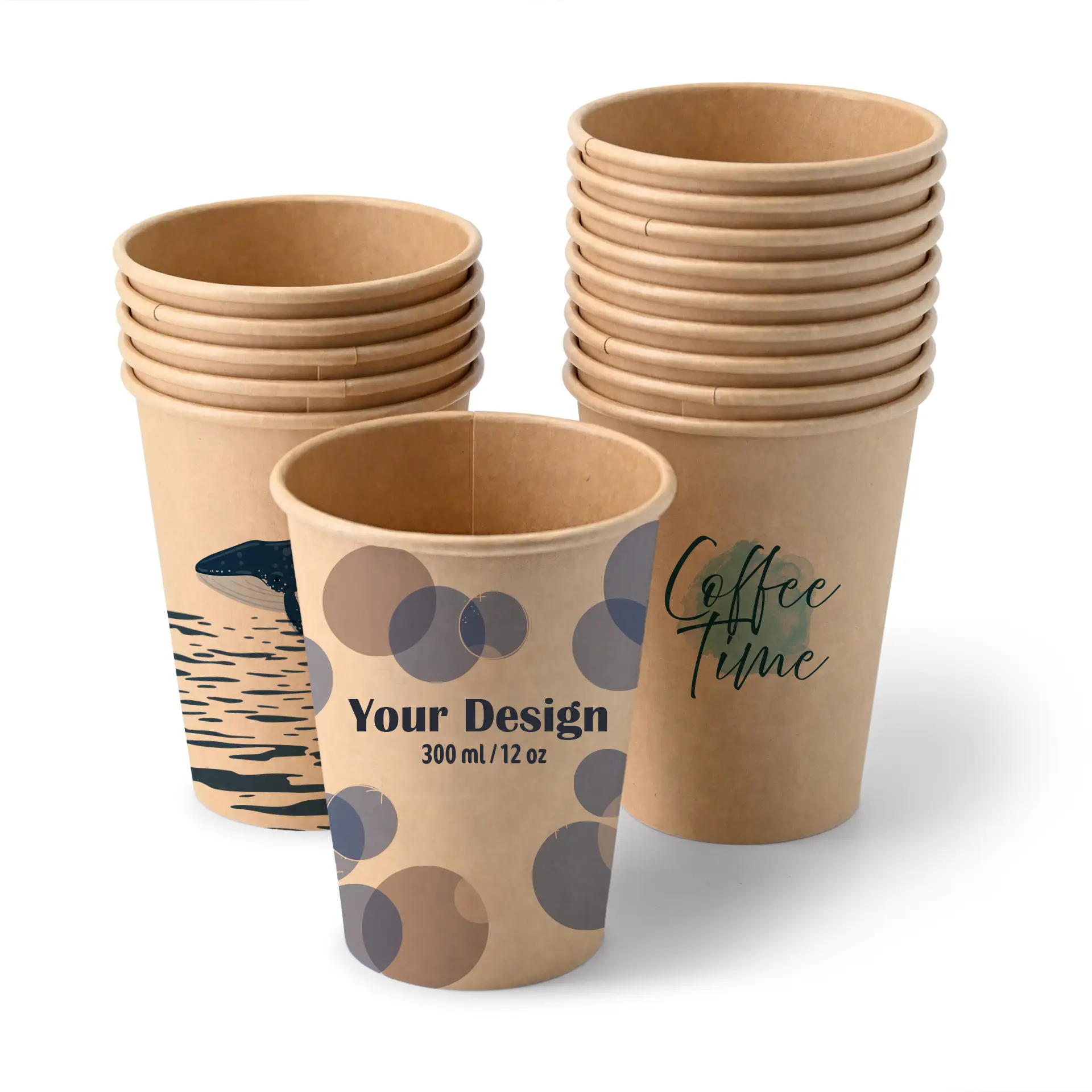 Paper cups with logo (single-wall), 300 ml / 12 oz, brown, water-based coating