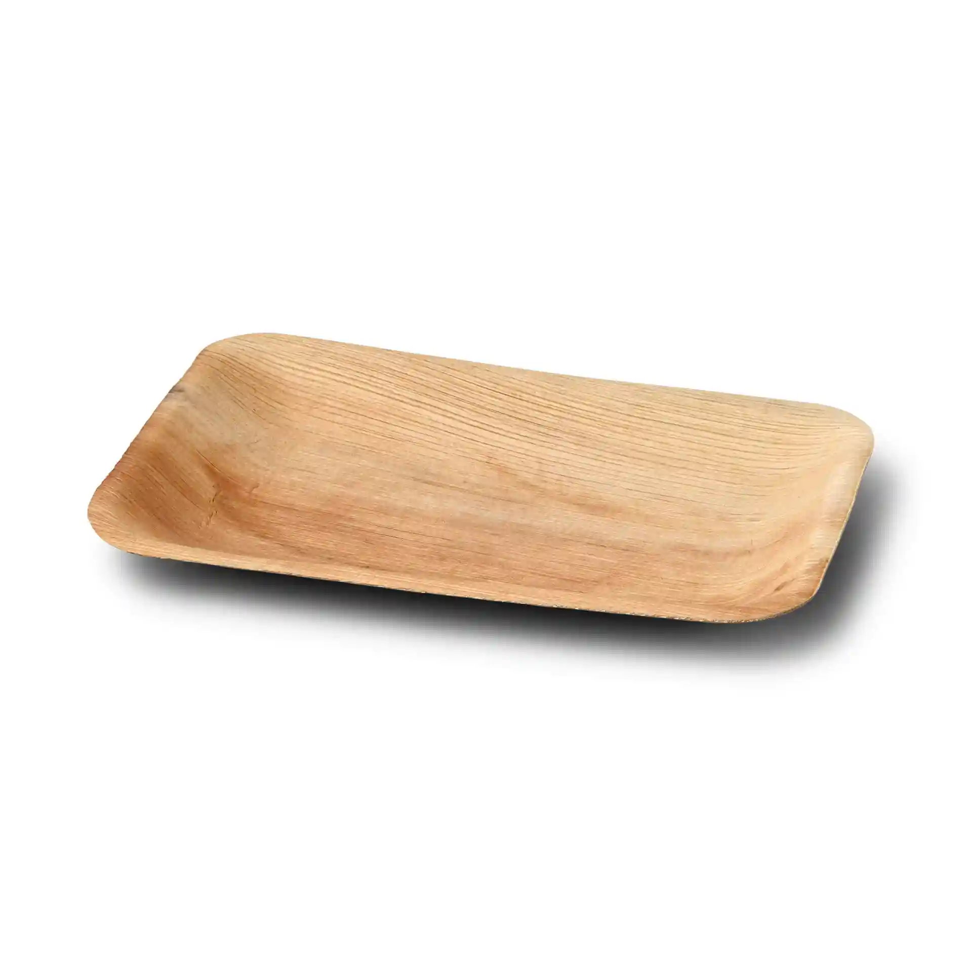Rectangular palm leaf plate with a natural grain finish, measuring 25 x 15 cm, flat and shallow design.