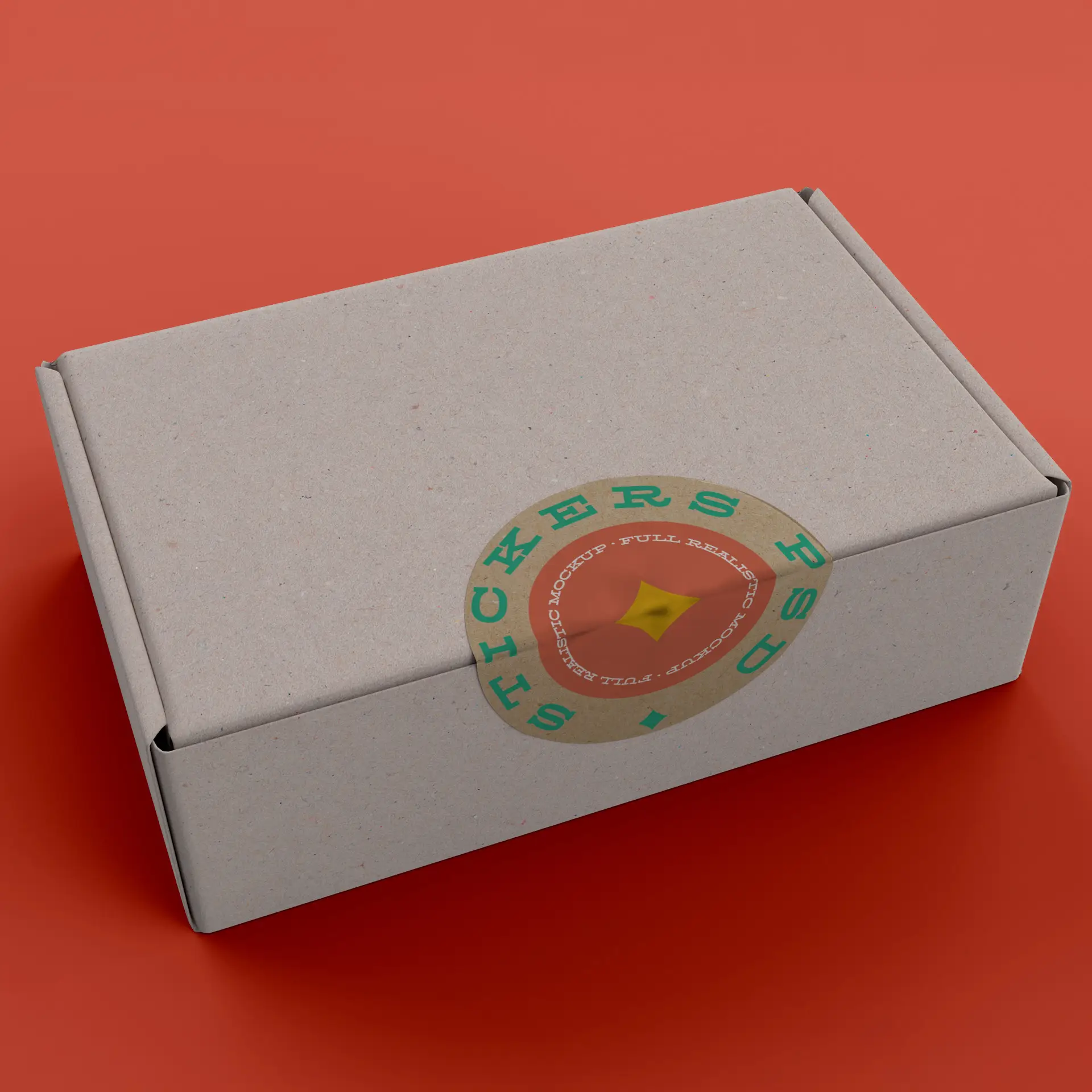 Brown kraft paper box with a circular printed label featuring a design and the word "STICKERS".