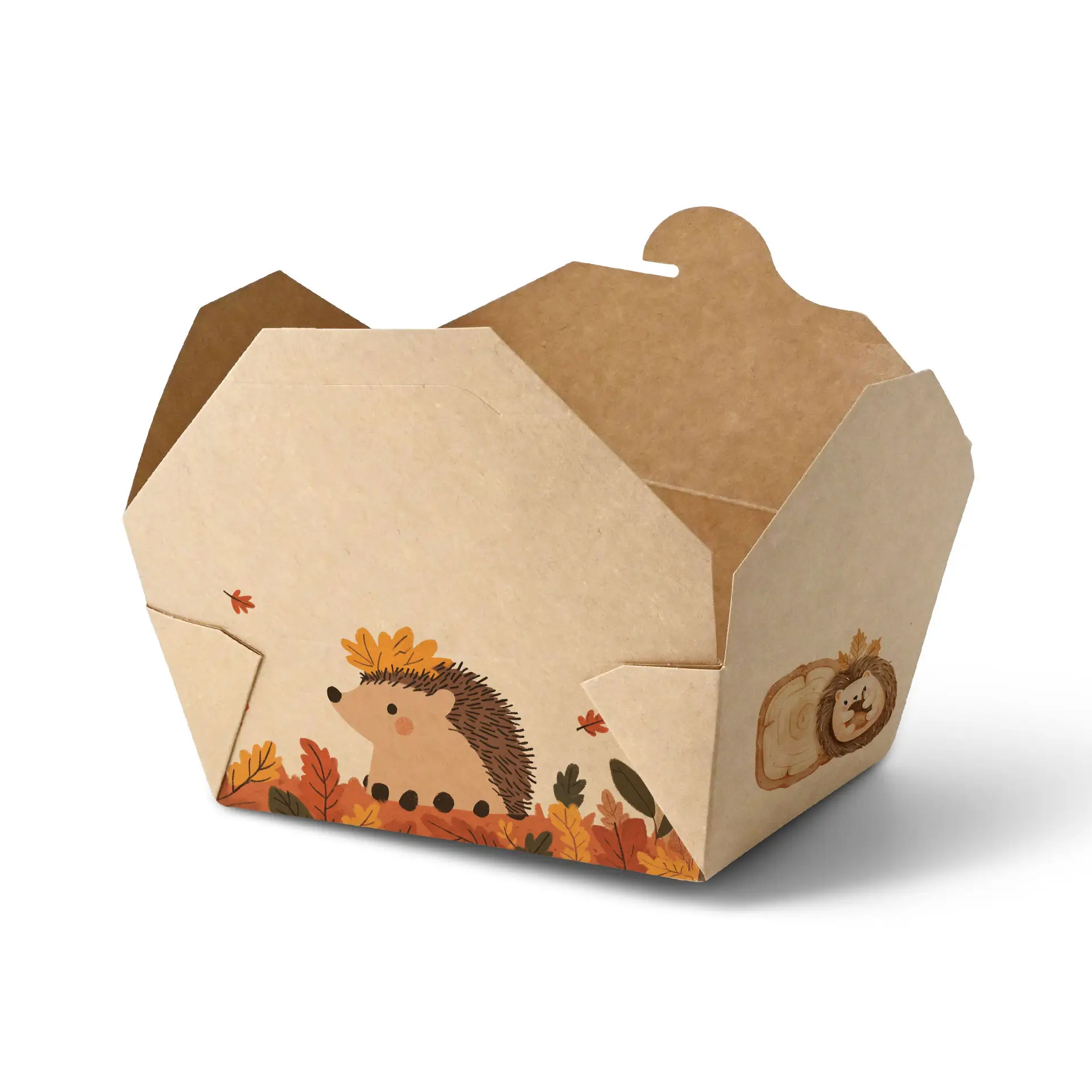 Custom printed takeaway box with a hedgehog design and autumn leaves; made of sturdy cardboard, 1150 ml capacity.
