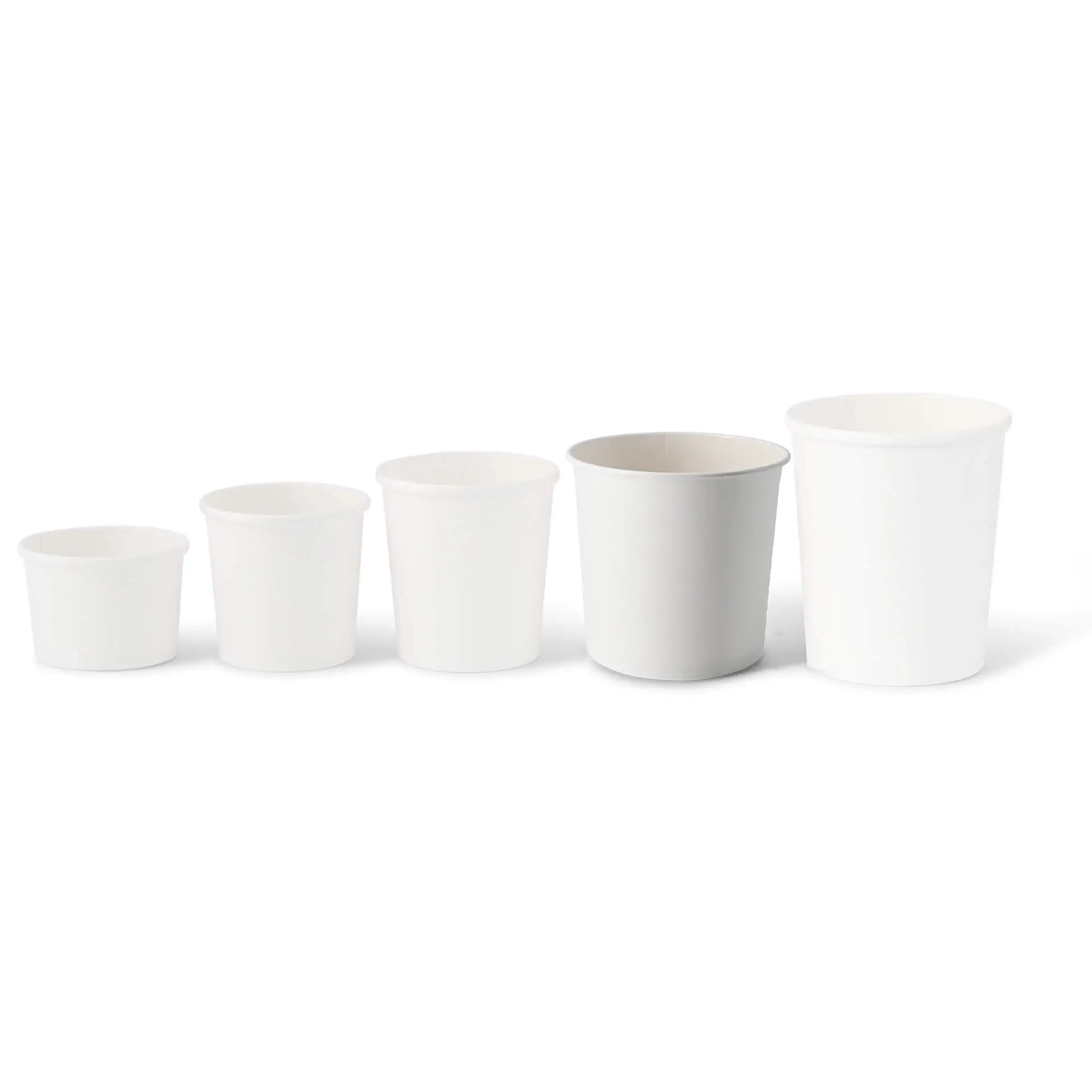 Set of five white cardboard soup cups of various sizes, featuring a smooth surface and rounded edges.