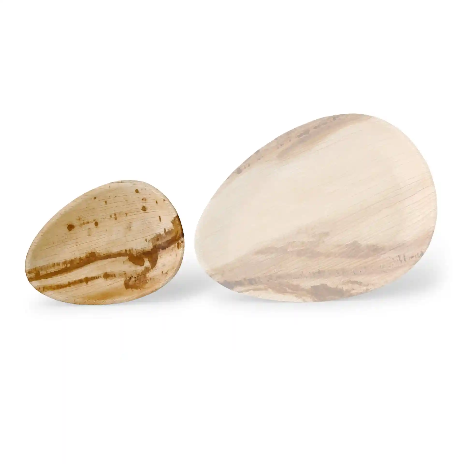Two oval palm leaf plates in natural grain color, one larger and one smaller, displayed on a white background.