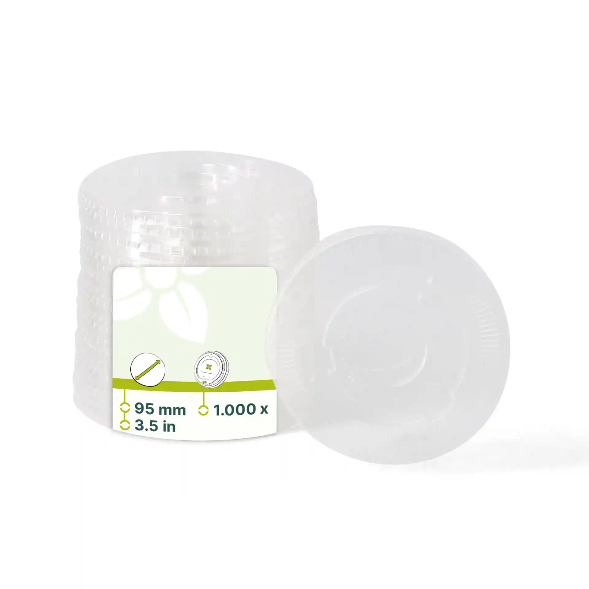 Clear PLA flat lids with a diameter of 95 mm, featuring a straw hole, stacked with one lid in front.