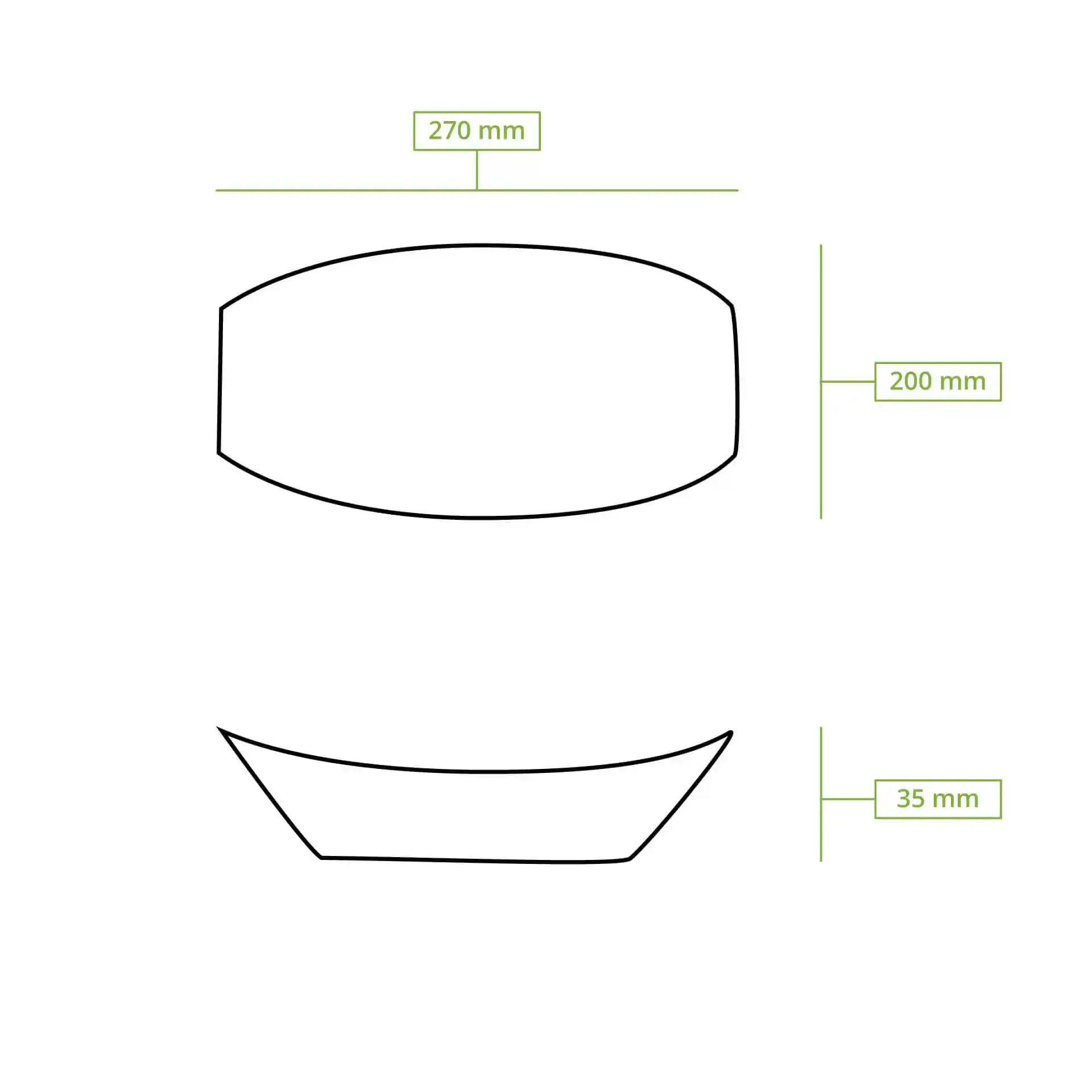 Schematic drawing of a rectangular tray with dimensions 270 mm by 200 mm and height 35 mm.