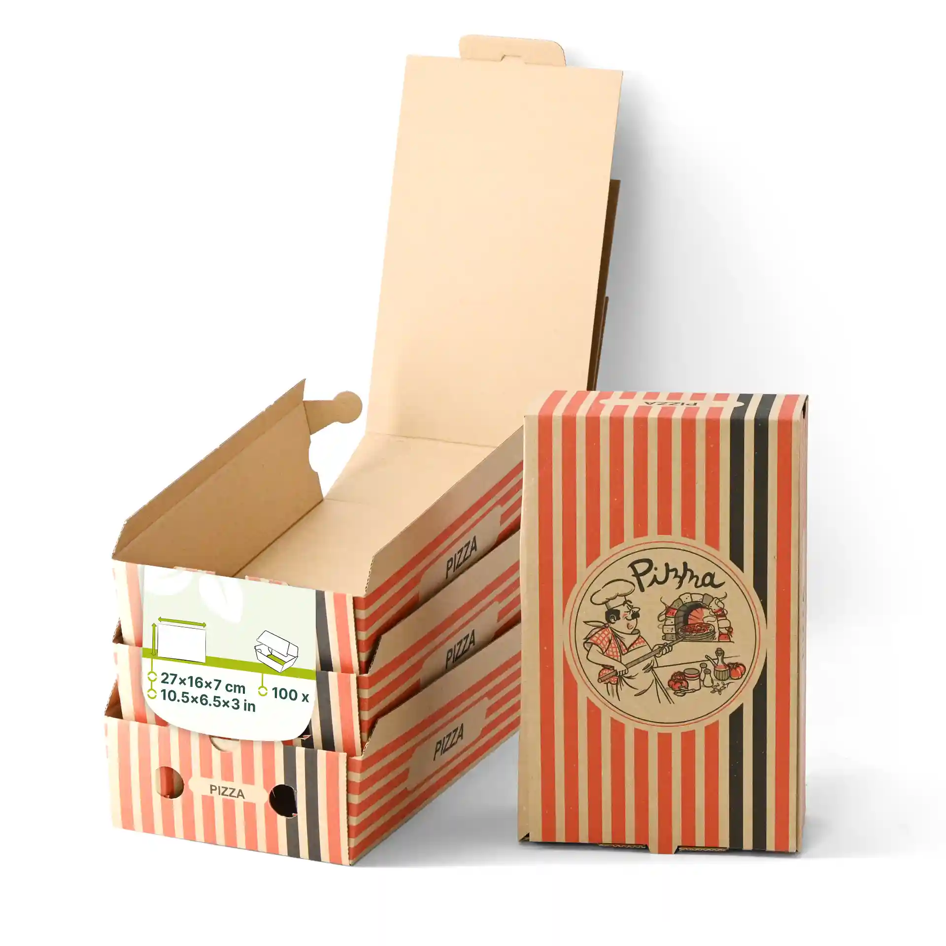 Brown pizza boxes with a pizza chef design, measuring 27 x 16 x 7 cm, stacked with one open.