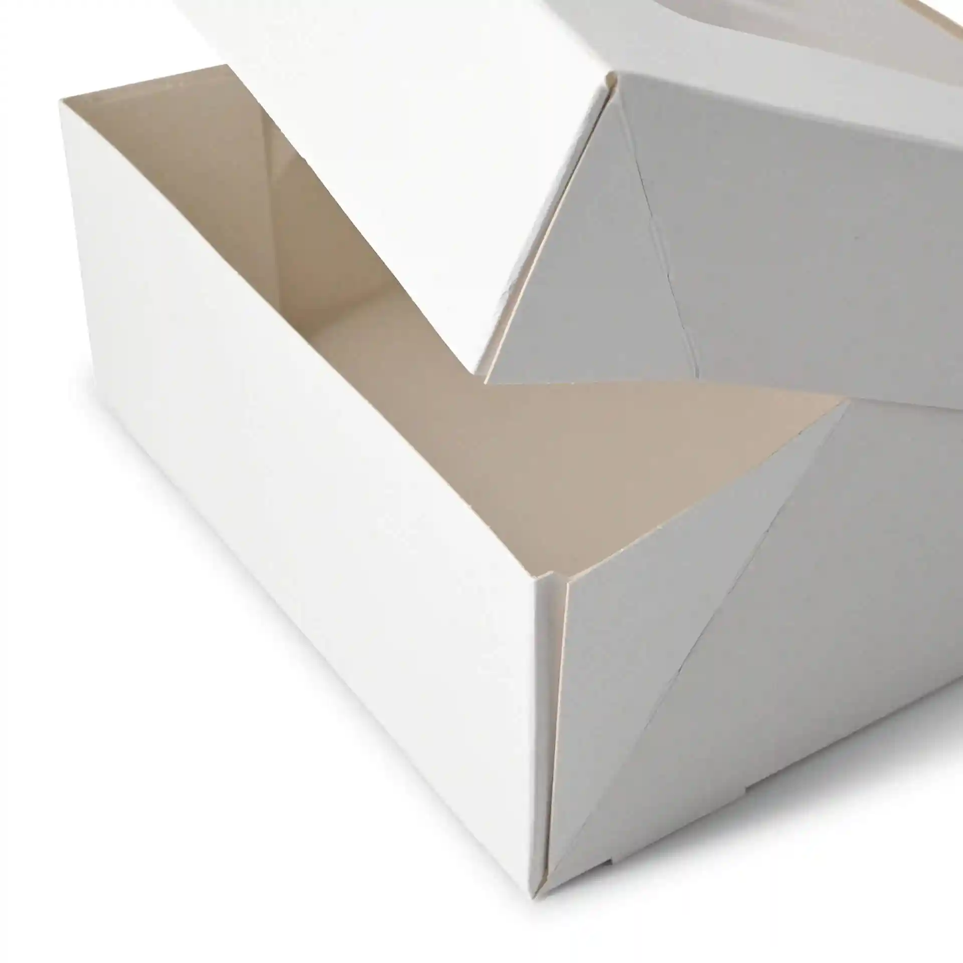 White cardboard pastry box with a cellulose window, partially open to show the interior.