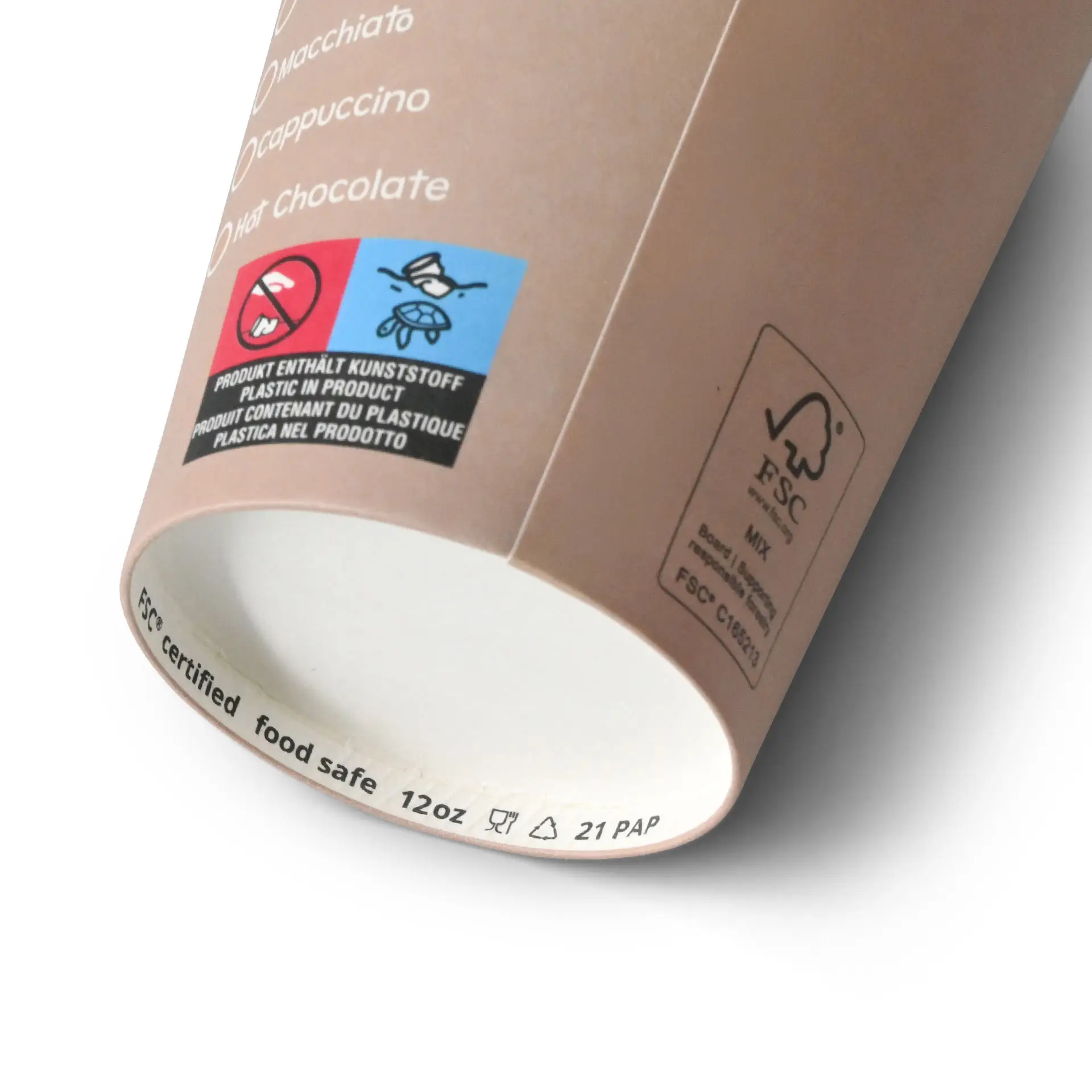 One 12 oz white paper cup with "Coffeebreak" print, featuring eco-labels and food-safe markings.