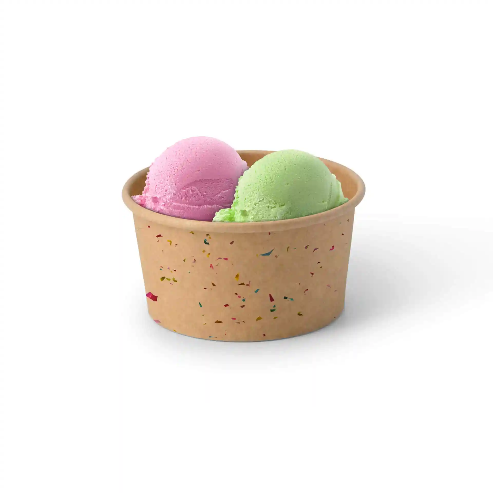 Round brown cardboard ice cream cup with two scoops of pink and green ice cream.
