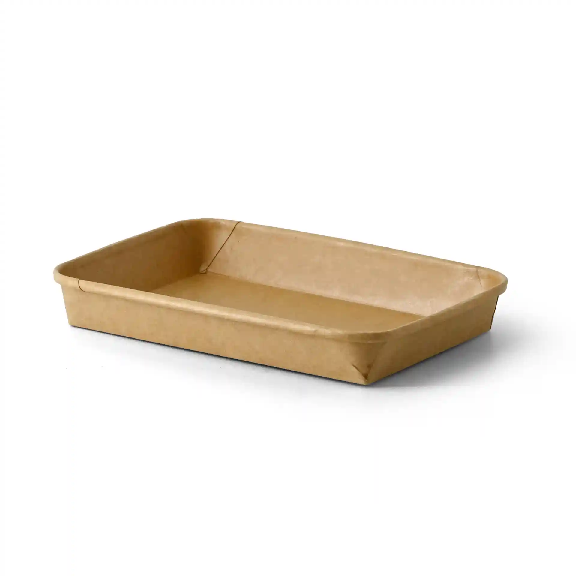 Brown rectangular sushi box, PE-coated, measuring 22 x 14 x 2.5 cm, with slightly raised edges.
