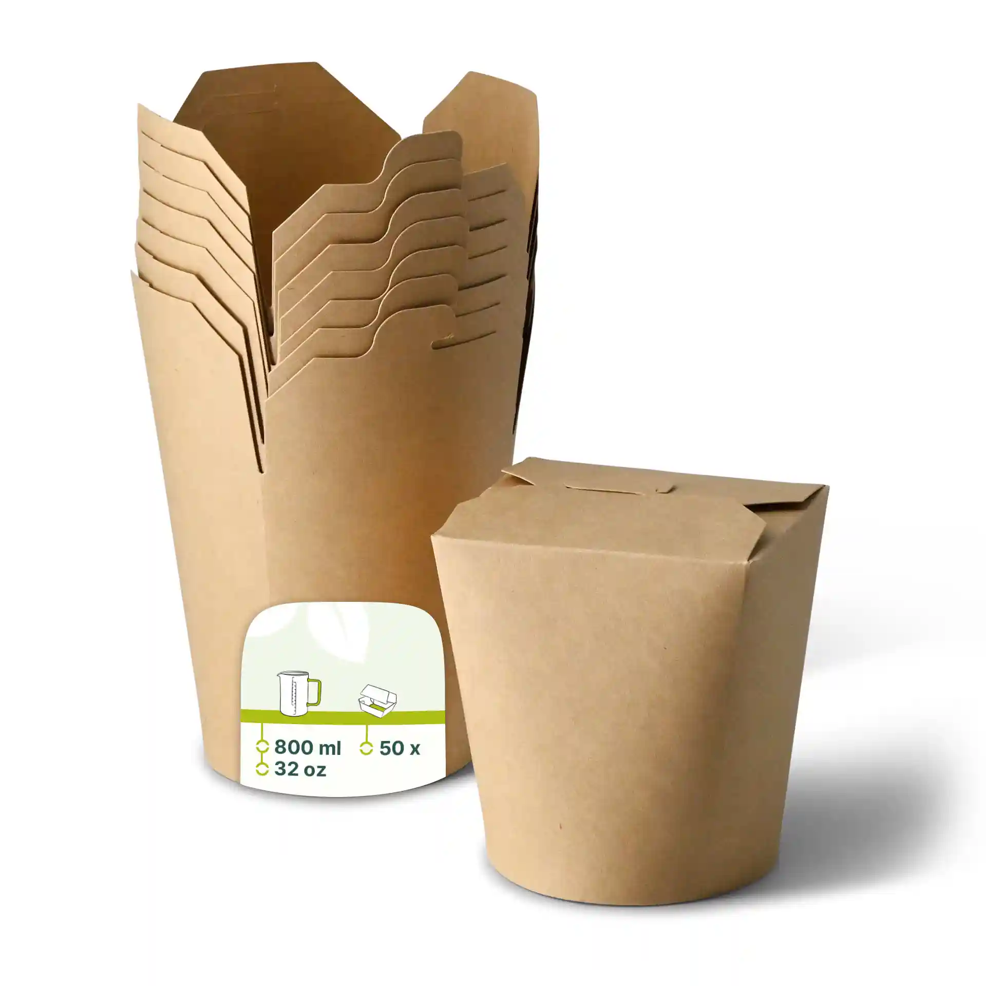 Brown noodle boxes made of coated cardboard, with one box in front and several stacked behind.